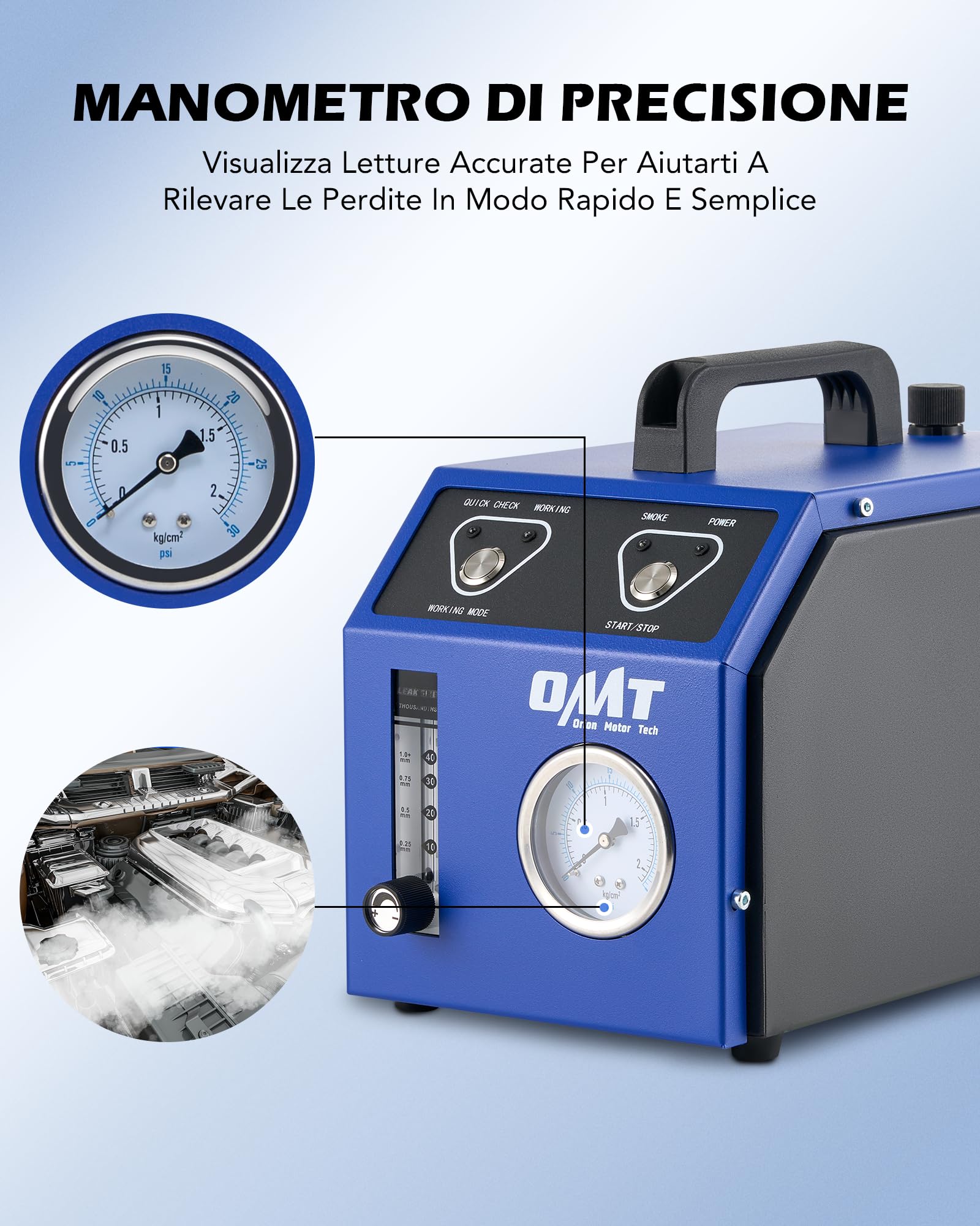 Orion Motor Tech Rilevatore di Perdite Fumo per Auto 12V Macchina di Fumo EVAP per Auto con 6 L/min Manometro, Adattatori Airbag e Coni per Sistema di Carburante EVAP