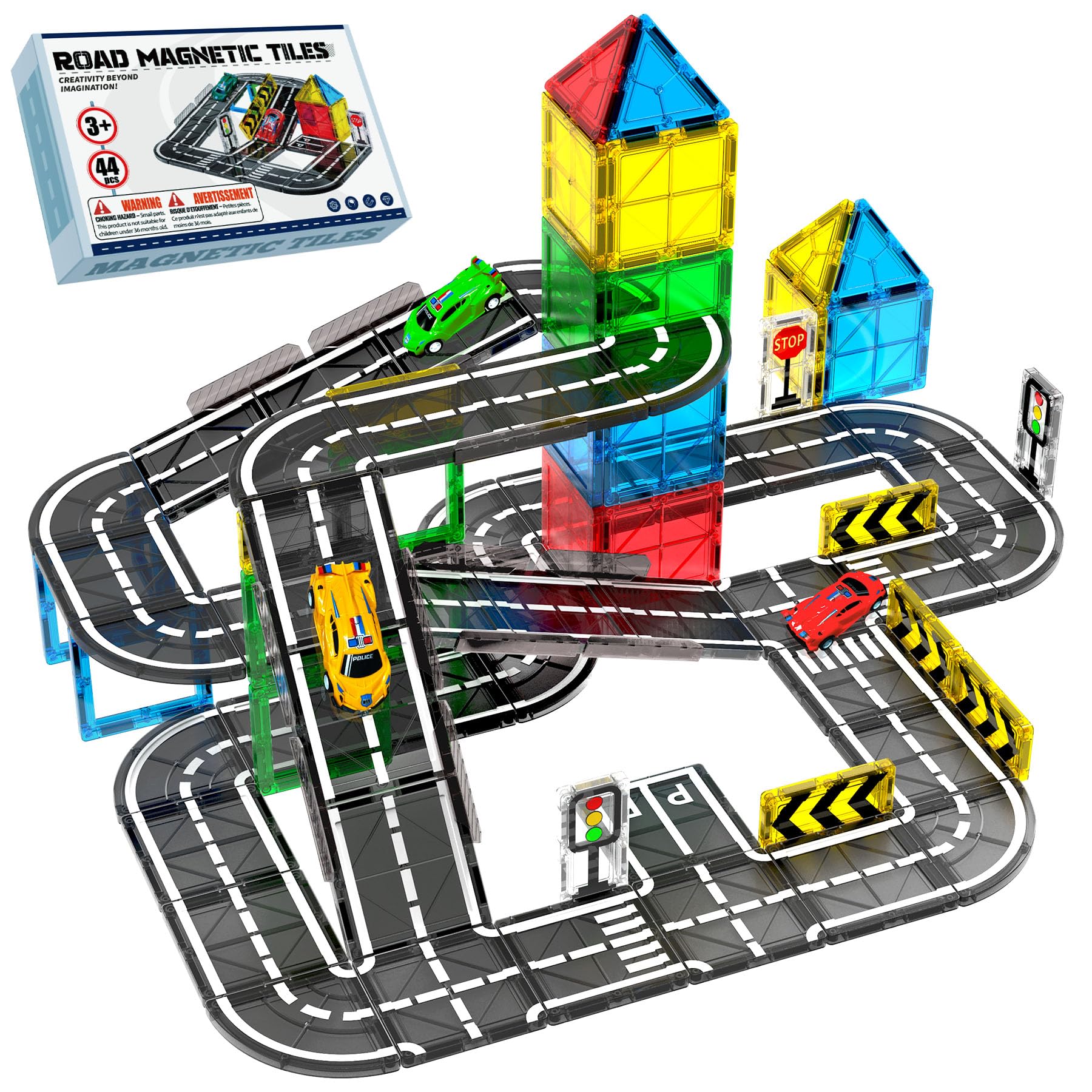 Road Magnetic Tiles for Kids Ages 4-8 with Cars,Ramp Magnet Tiles Boy Toy | Car Rail Pack,Magnetic Road Tiles Expansion Set, STEM Magnet Building Blocks, Magnet Toys for 4+ Years Old Boys Birthday Gift