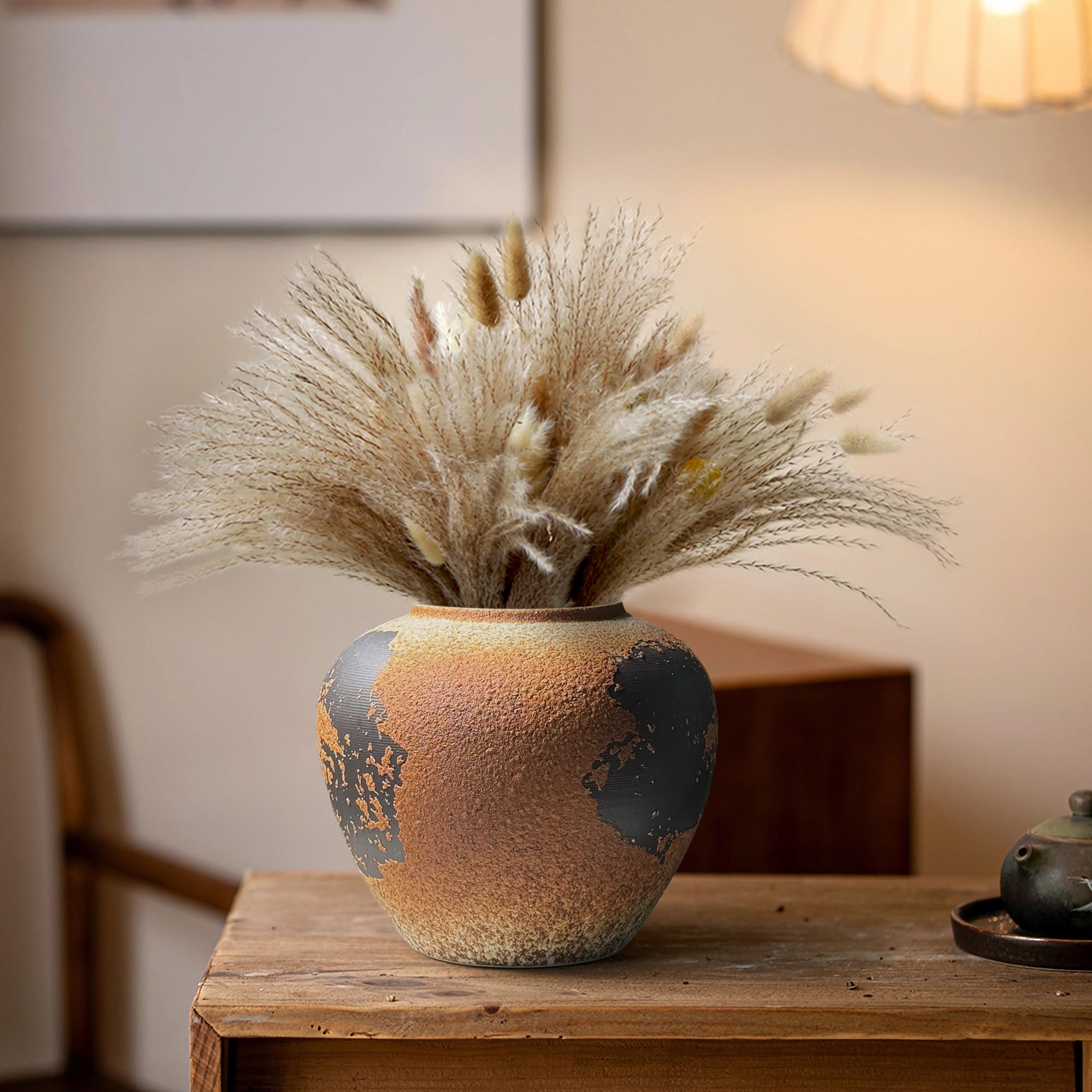 Vase en céramique marron rustique texturé GeLive, pot de fleurs haut de gamme design lune