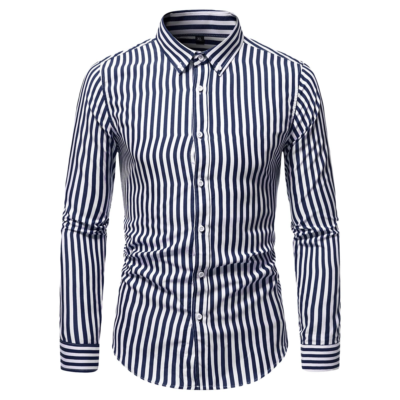 Men Striped Long Sleeve Button Down Shirts Lightweight Turn-Down Collar Slim Shirts Stylish Business Dress Shirts (Dark Blue,Large)