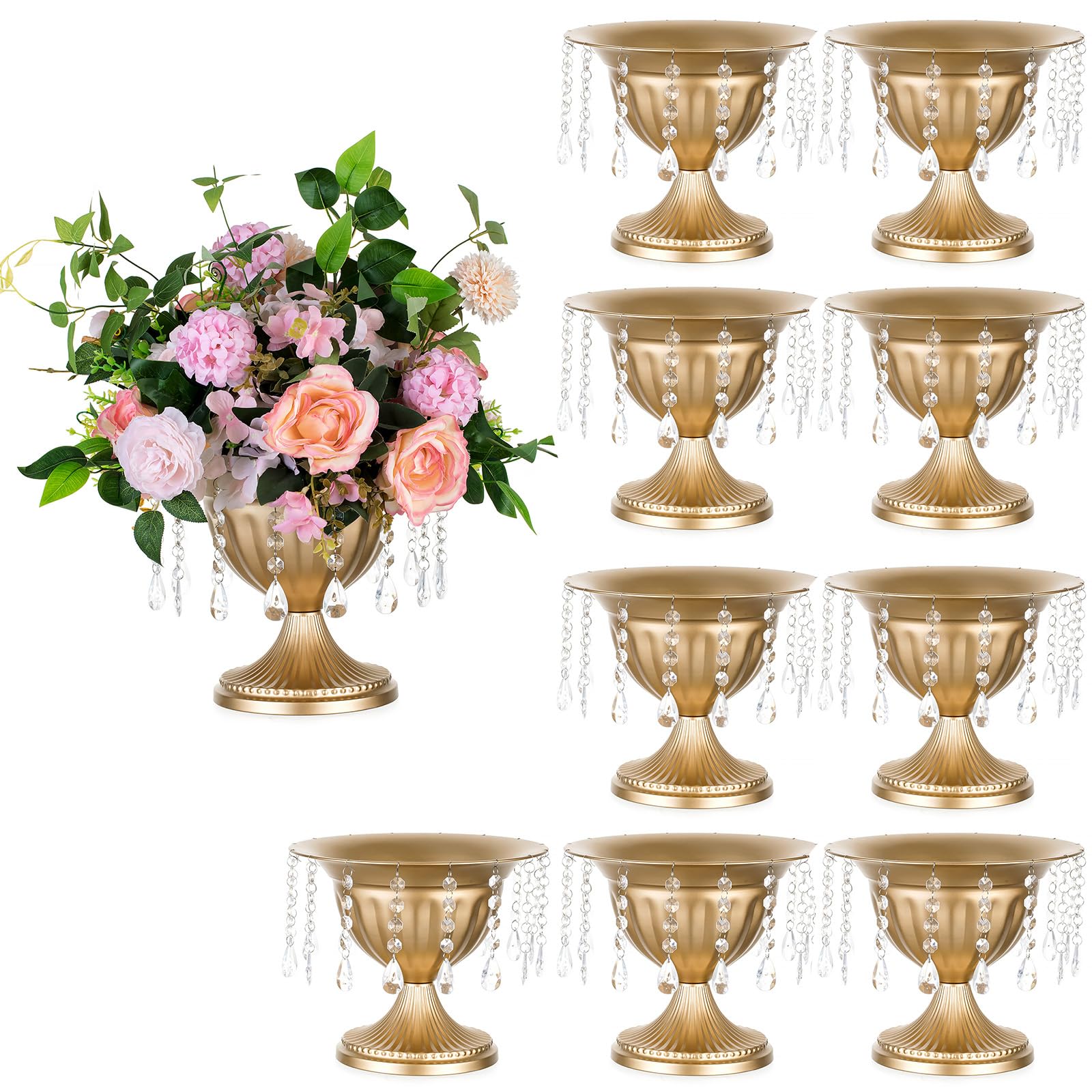 Sziqiqi Metall Urn Vase Gold: Kleine Vasen Hochzeitsdeko Tischdeko 10Stk | Mit Kristallperlen, ⌀27cm/ H22cm/ T13cm, Weite Öffnung für Kunstblume, Vintage, Hochzeit, Taufe, Esstisch, Party, Landhaus