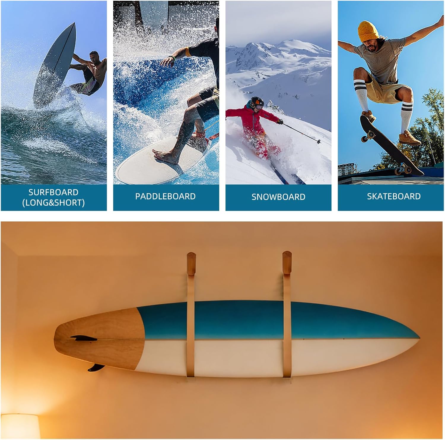 Surfboard Wall Mount, Surf Board Wall Hangers, Surfboard Rack, Beautiful Sustainable Wood & Leather Rack, Hanging Indoor Storage for Any Surf Board, Surfing Accessories, Easy Installation