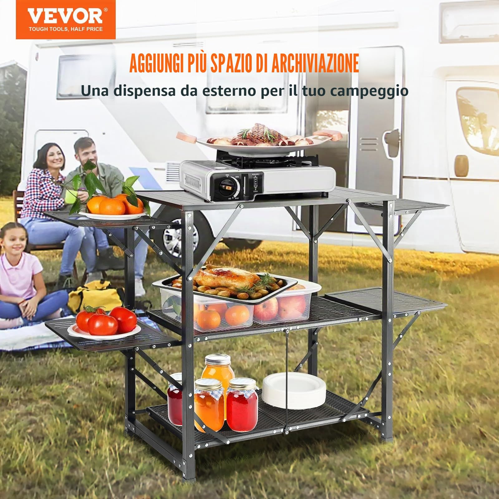 VEVOR Cucina da Campeggio per Cottura BBQ Pieghevole Portatile 2 Ripiani Carico 40 kg Materiale in Alluminio Ferro Dimensioni Estese 126x46x81 cm, Tavolo Pieghevole Portaoggetti da Campeggio per BBQ