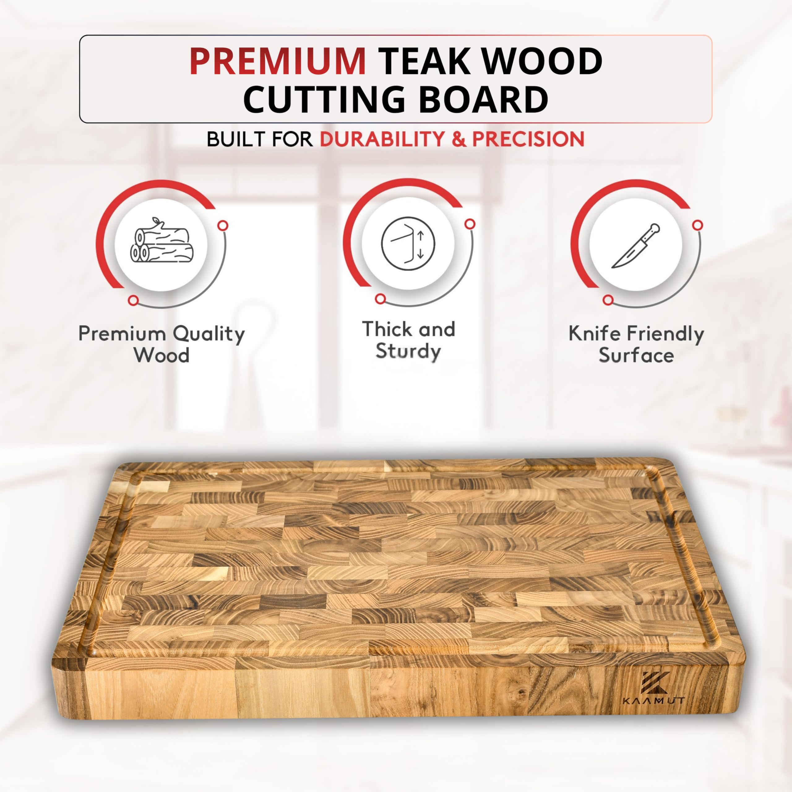 Tabla de Cortar en Teca Maciza de Testa – 45×30×4 cm – Extra Gruesa y Duradera – Con Canal para Jugos, Asas y Pies Antideslizantes – Caja de Regalo Incluida