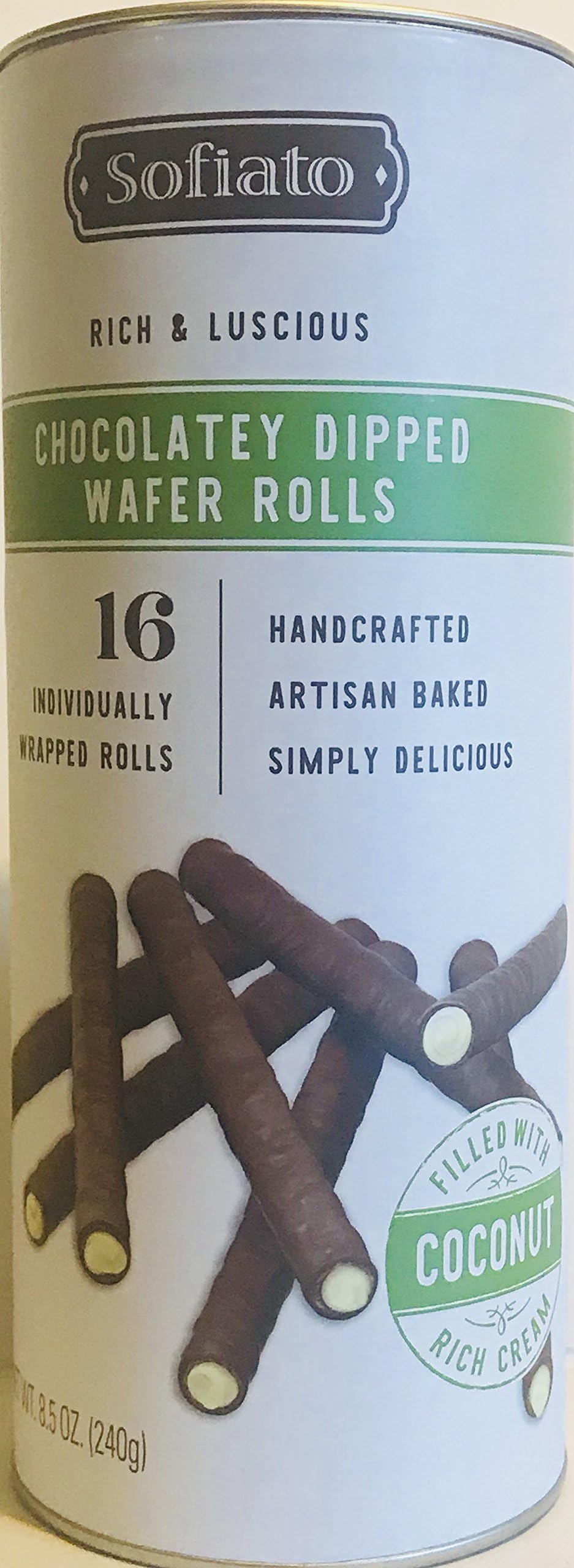 Chocolatey Dipped Wafer Rolls! Rich & Luscious! Choose From Coconut Creme, Strawberry Creme Or Hazelnut Creme! 16 Individually Wrapped Rolls! 8.5oz Container! (Coconut Creme)