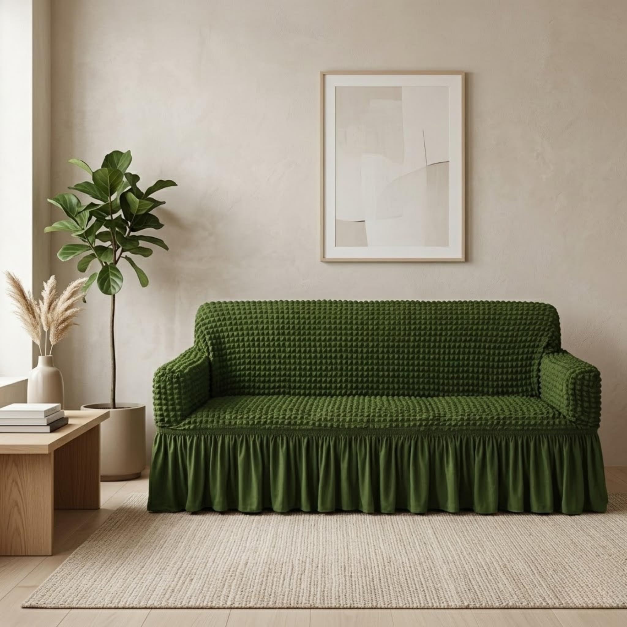Stretchable Sofa Cover 3 Seater, Bubble Fabric with Frill Design, Elastic Washable Couch Protector, Anti Slip Full Coverage Furniture Slipcover (Green)-image-35
