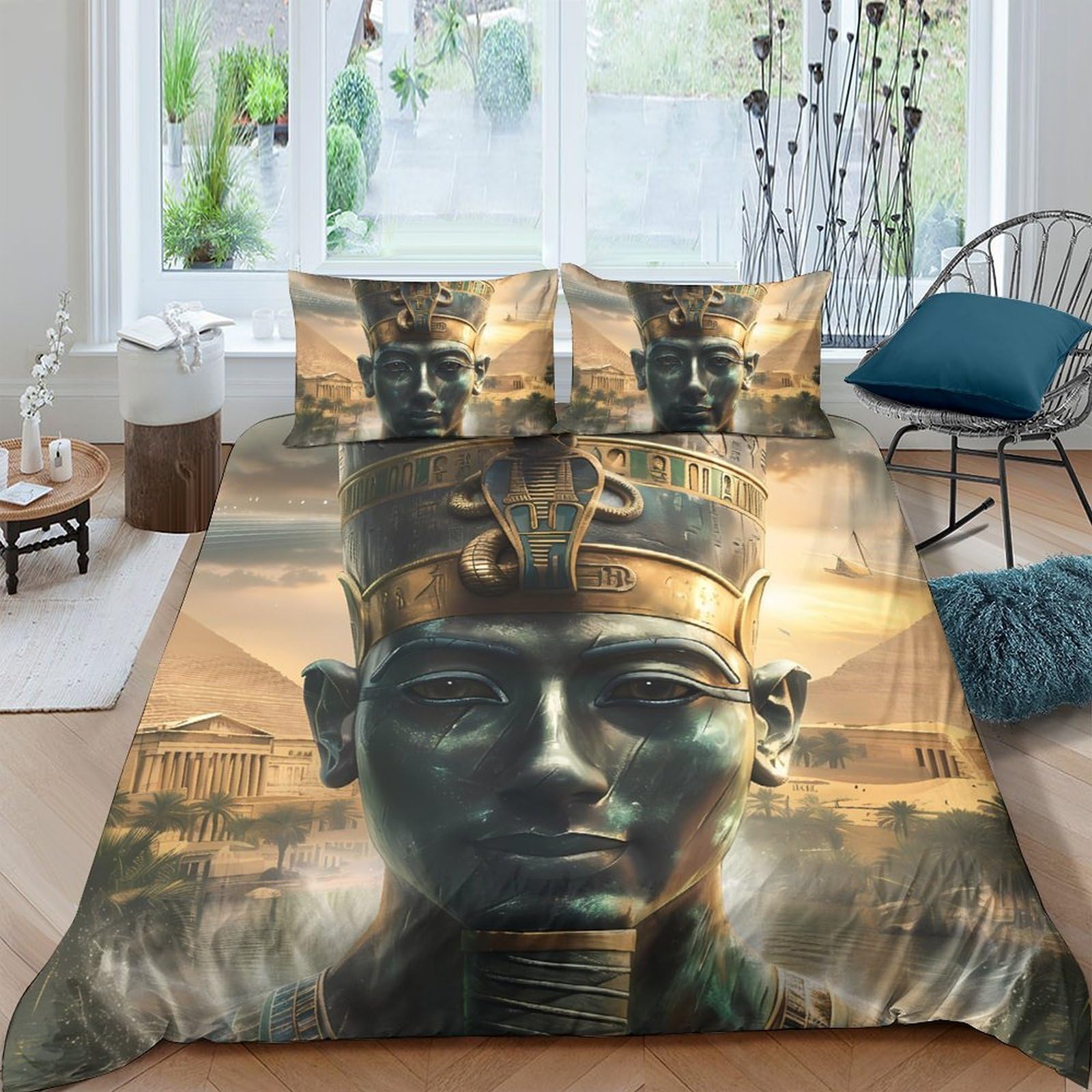 Ctjqhvkz Style-6 3D Printed Pharaoh Golden Statue Fitted Sheet Microfiber Breathable Egyptian Pyramid Mattress Cover For Bedroom Guestroom Single（135X200cm）