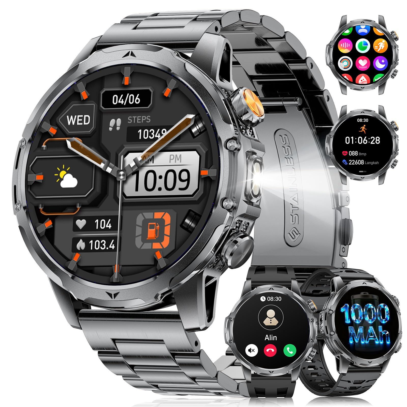 2026 Smartwatch Herren Militär-1,53‘’ IPS HD Display/1000mAh Akku/LED-Lampe/Stress,IP68 Wasserdicht Fitnessuhr Herren mit 120+ Sportmodi,24/7-Herzfrequenz/SpO2/Schlafmonitor,für Android iOS,3 Bänder