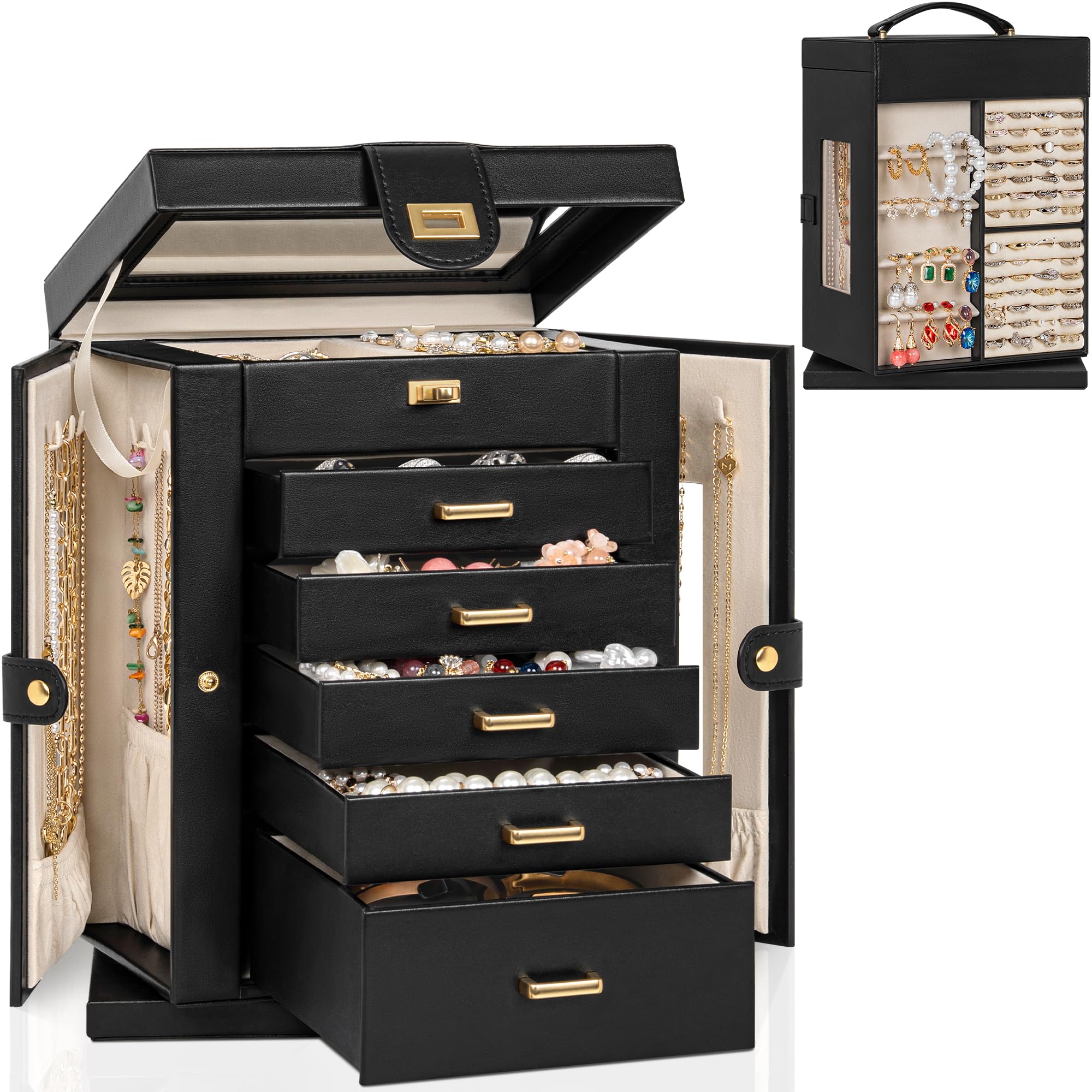 AKOZLIN Jewelry Box 6-Tier Organizer Functional 360° Rotating Jewelry Storage Case for Women Girls Ring Necklace Earring Bracelet Holder with Mirror