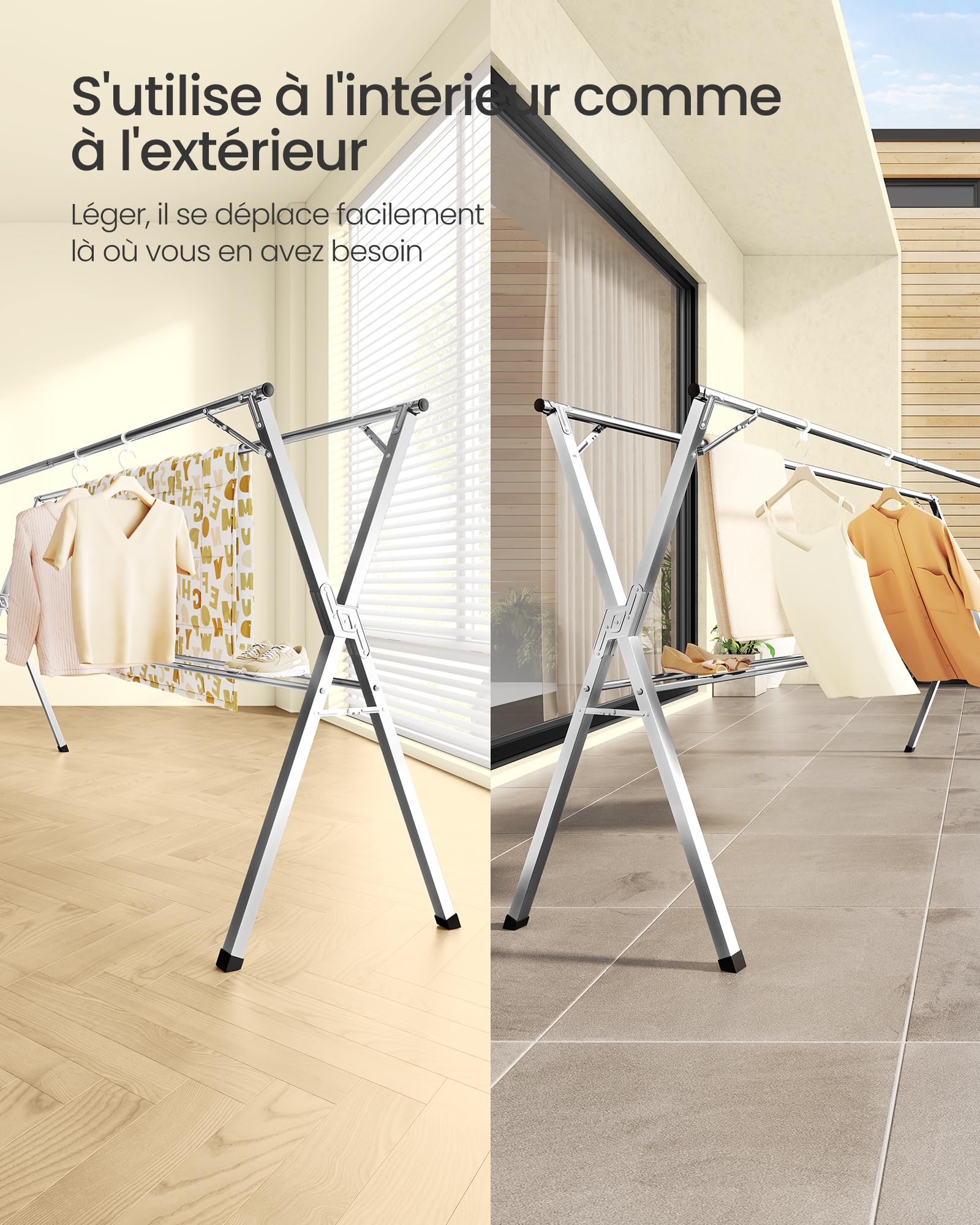 SONGMICS Étendoir à Linge Pliable, Séchoir à Linge sur Pied, Robuste, en Acier Inoxydable, pour Intérieur et Extérieur, Gris Tourterelle, Extensible de 143 à 238 cm LLR903E01