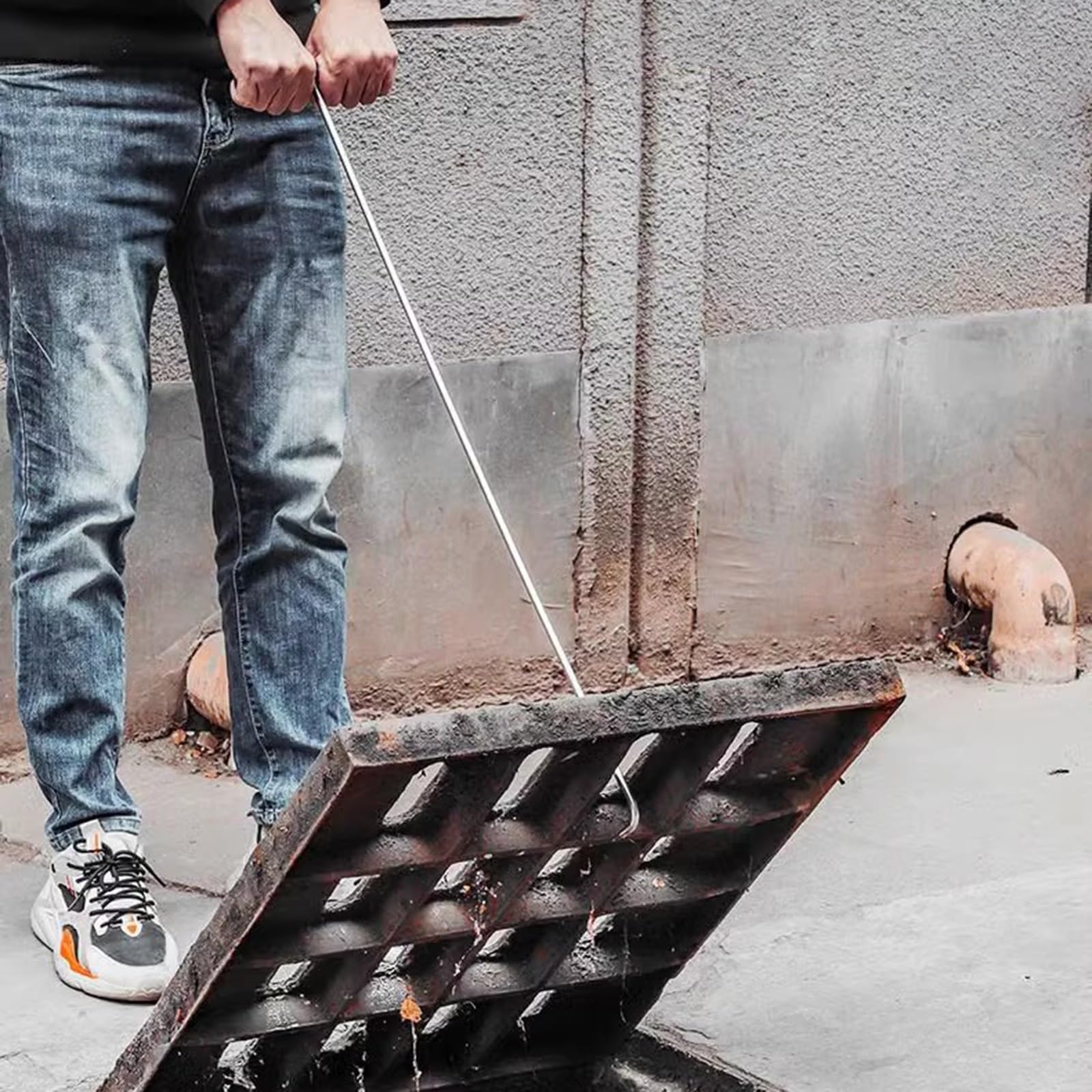 WDJBPSH Stainless Steel Drain Grate Lifter, Protable T Style Cover Hook for Drain Covers/Grates/Shutter Doors, 38/68/88/118 cm Moving Lifting and Pulling Tool (Color : 8mm, Size : 118cm/46.4in)