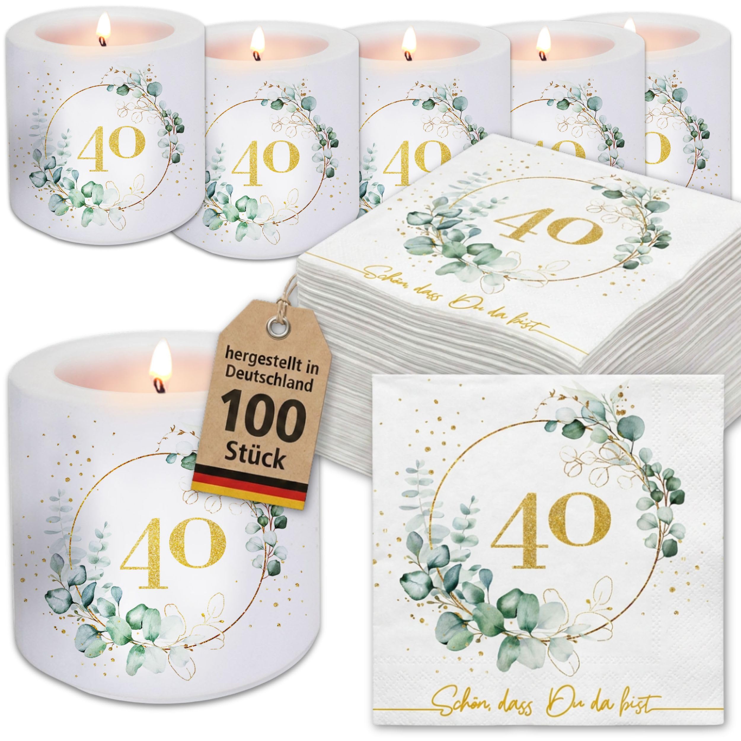 Serviettenshop Kerzen Set 40. Geburtstag: 100 Servietten & 6 Kerzen mit Eukalyptus Motiv und Spruch 'Schön, dass Du da bist' – Tischdeko Jubiläum Frau Mann gold