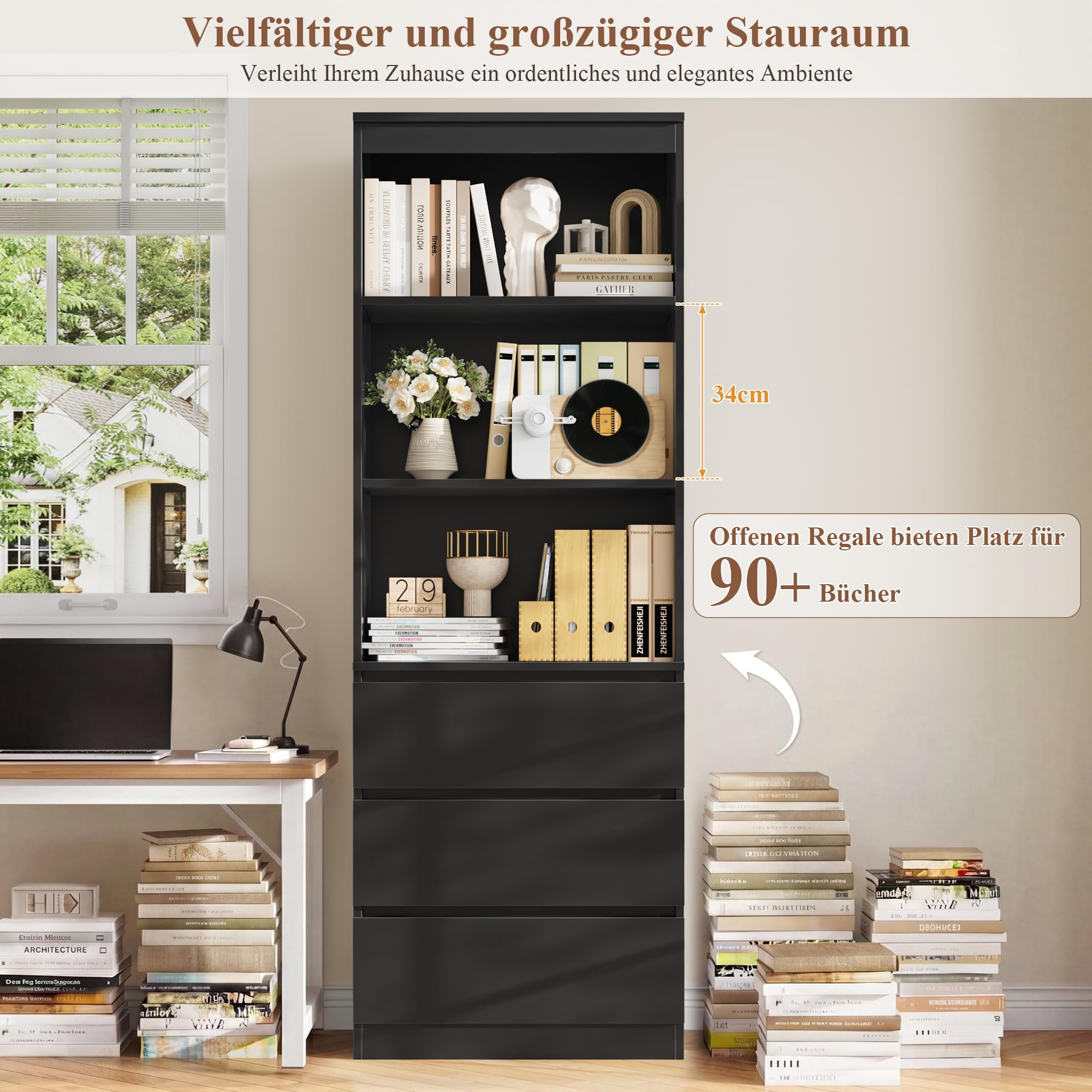 FirFurd Bücherregal mit 3 Schubladen 3 Fächern 180 cm Bücherschrank Vitrinenschrank Büroschrank Hochschrank Mehrzweckschrank für Wohnzimmer Büro Küche 60 x 35 x 180 cm Schwarz