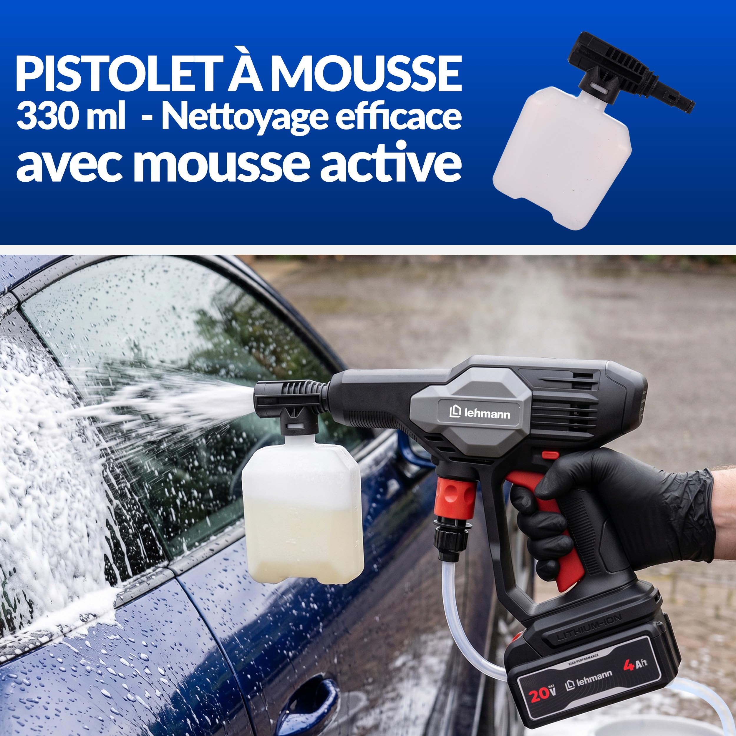 Lehmann Stream Nettoyeur Haute Pression sans Fil 20V Max avec Batterie 4Ah, Nettoyeur Haute Pression sur Batterie Portable, Buse 5-en-1, Tuyau 6 m et Canon à Mousse pour Voiture, Terrasse et Vélo