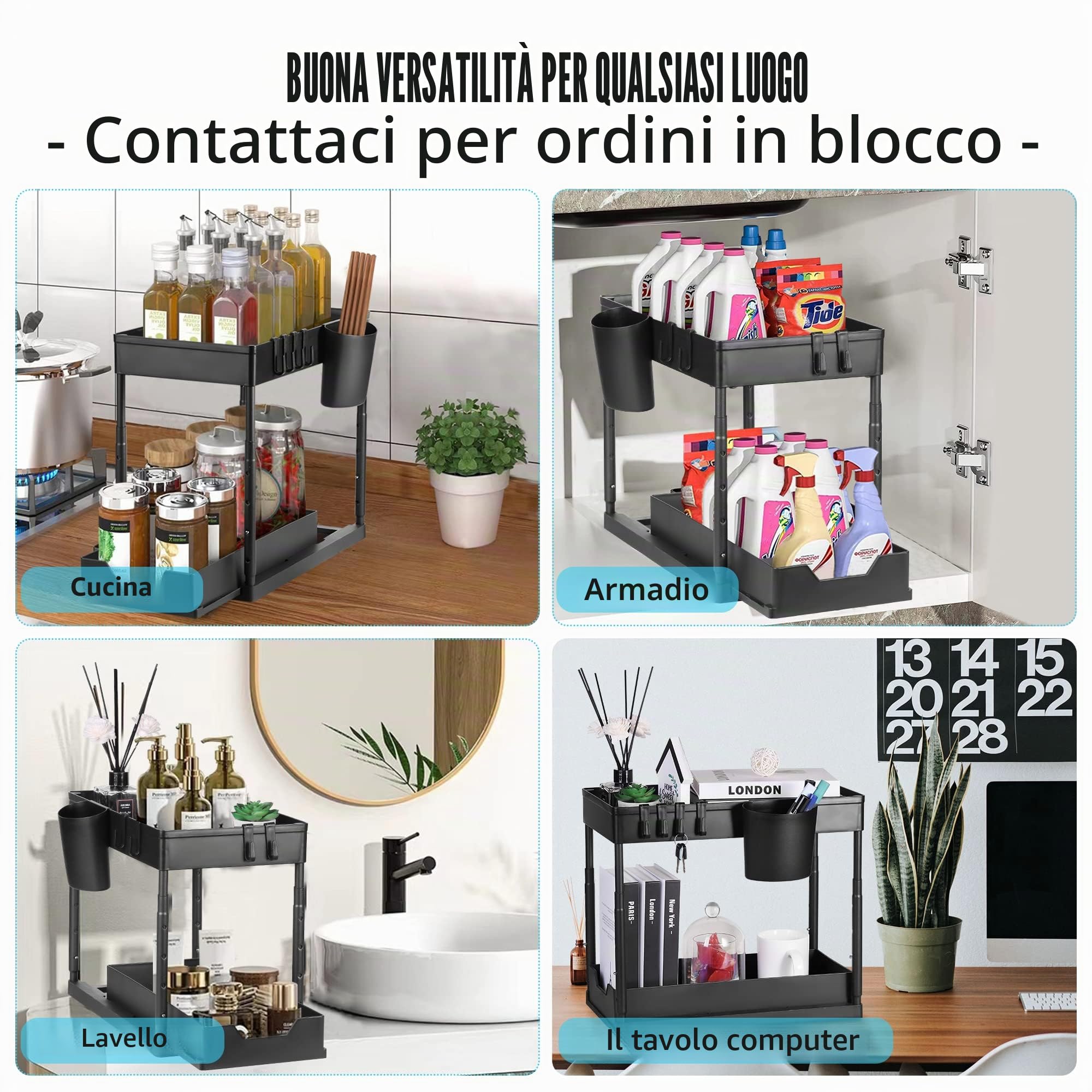Eufrozy Confezione da 2 Organizer Sottolavello a 2 Ripiani, Ripiani Sottolavello con 8 Ganci e 2 Tazze e 1 portasapone, Scaffale Multiuso Regolabile in Altezza per Cucina, Bagno, Nero