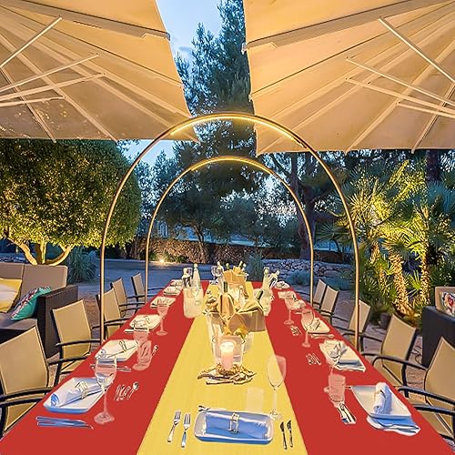 Miniatura 7 de Paquete de 12 manteles de plástico rojo para mesa rectangular desechables y de satén, manteles rojos para fiestas y camino de mesa dorado para