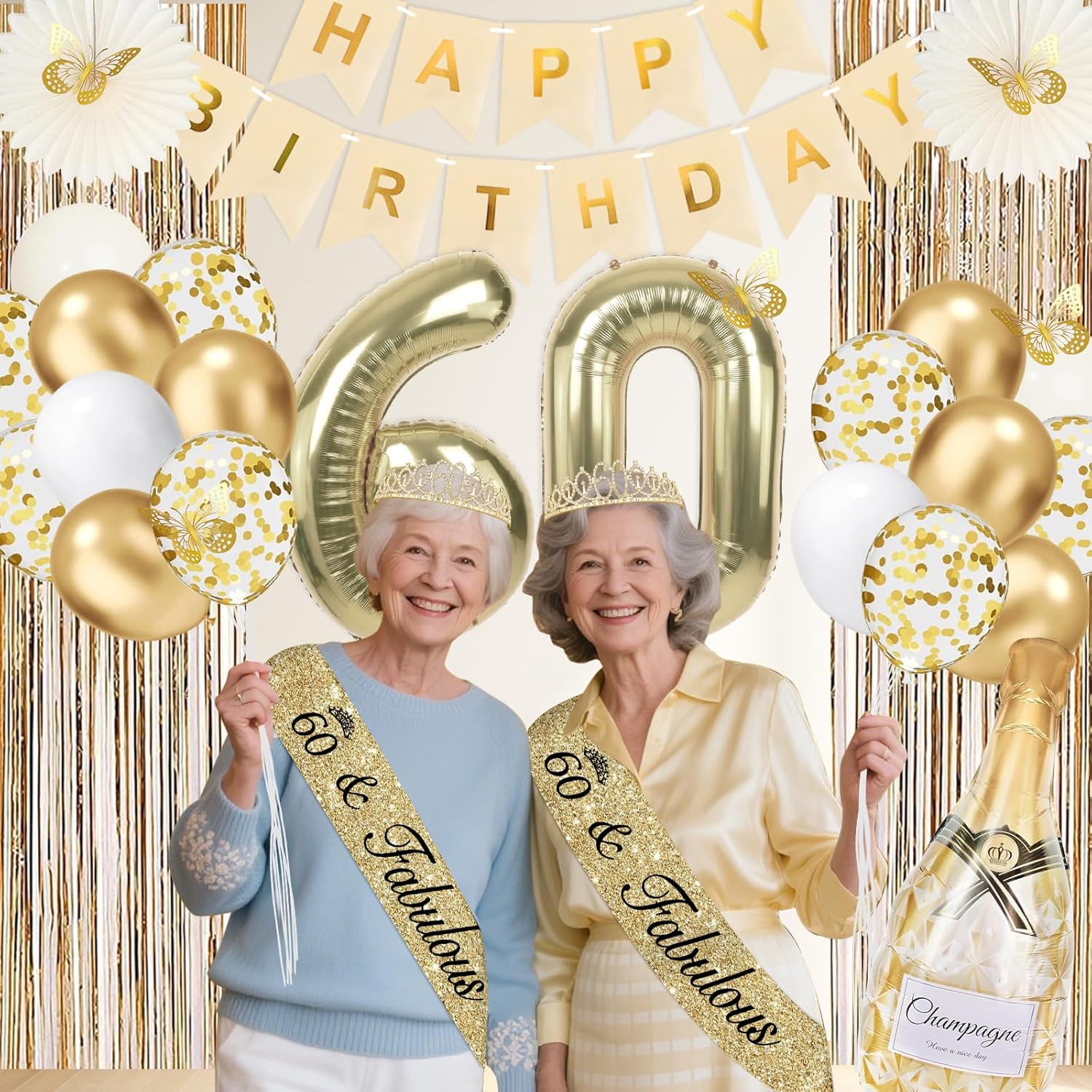 60th Birthday Decorations for Women, Champagne Gold 60th Birthday Gifts for Women, 60 Sash and Crown, Banner, Fringe Curtains, Hanging Paper Fans, 60 Year Old Party Supplies Set