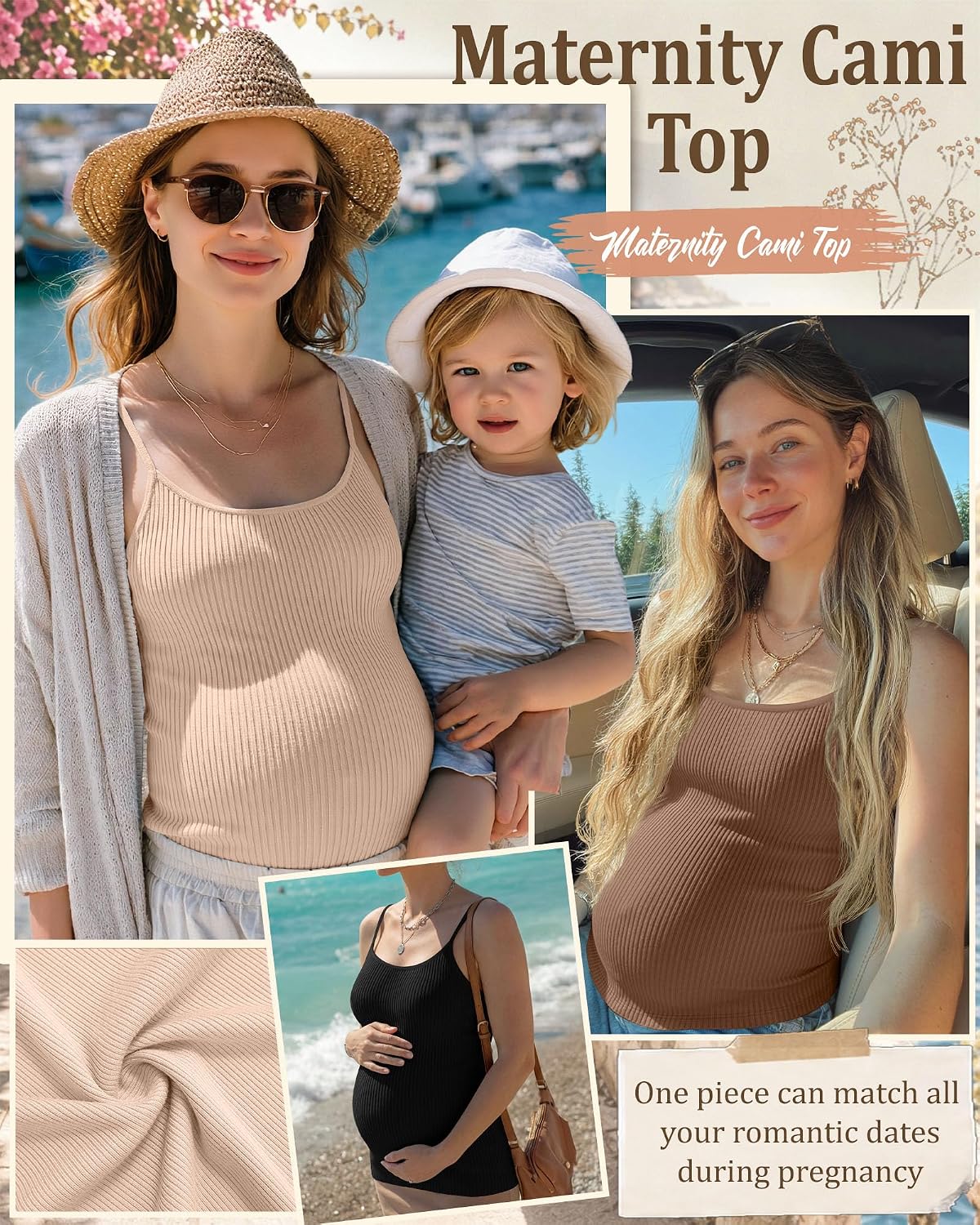 3 Pack Womens Maternity Camisole Tank Tops Pregnancy Basic Ribbed Cami Undershirts with Adjustable Spaghetti Straps