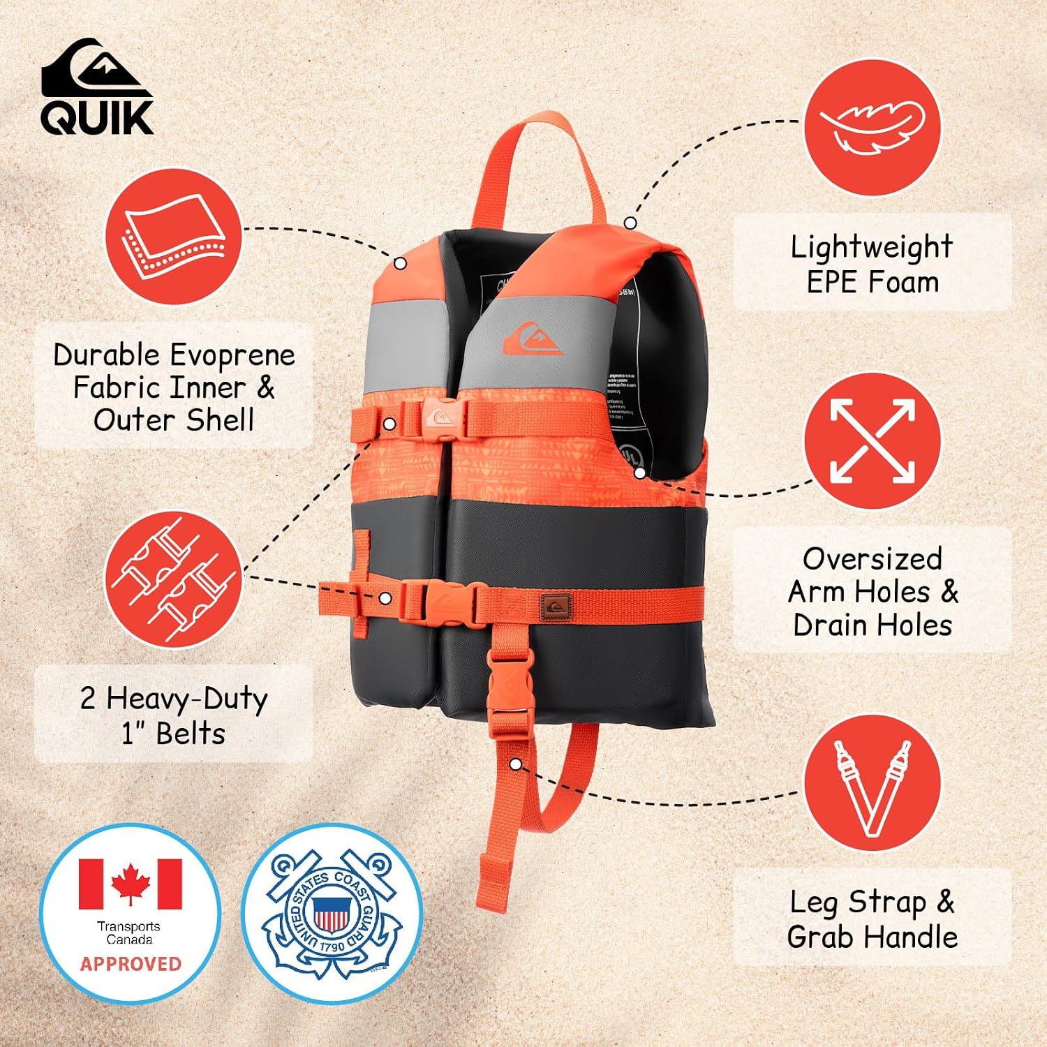 QUIKSILVER USCG Approved Life Jacket for Youth/Kids/Toddler, Lightweight Life Vest Type III PFD, for Boating, Paddleboarding, Kayaking, Waterskiing, Rafting, Swimming Watersports