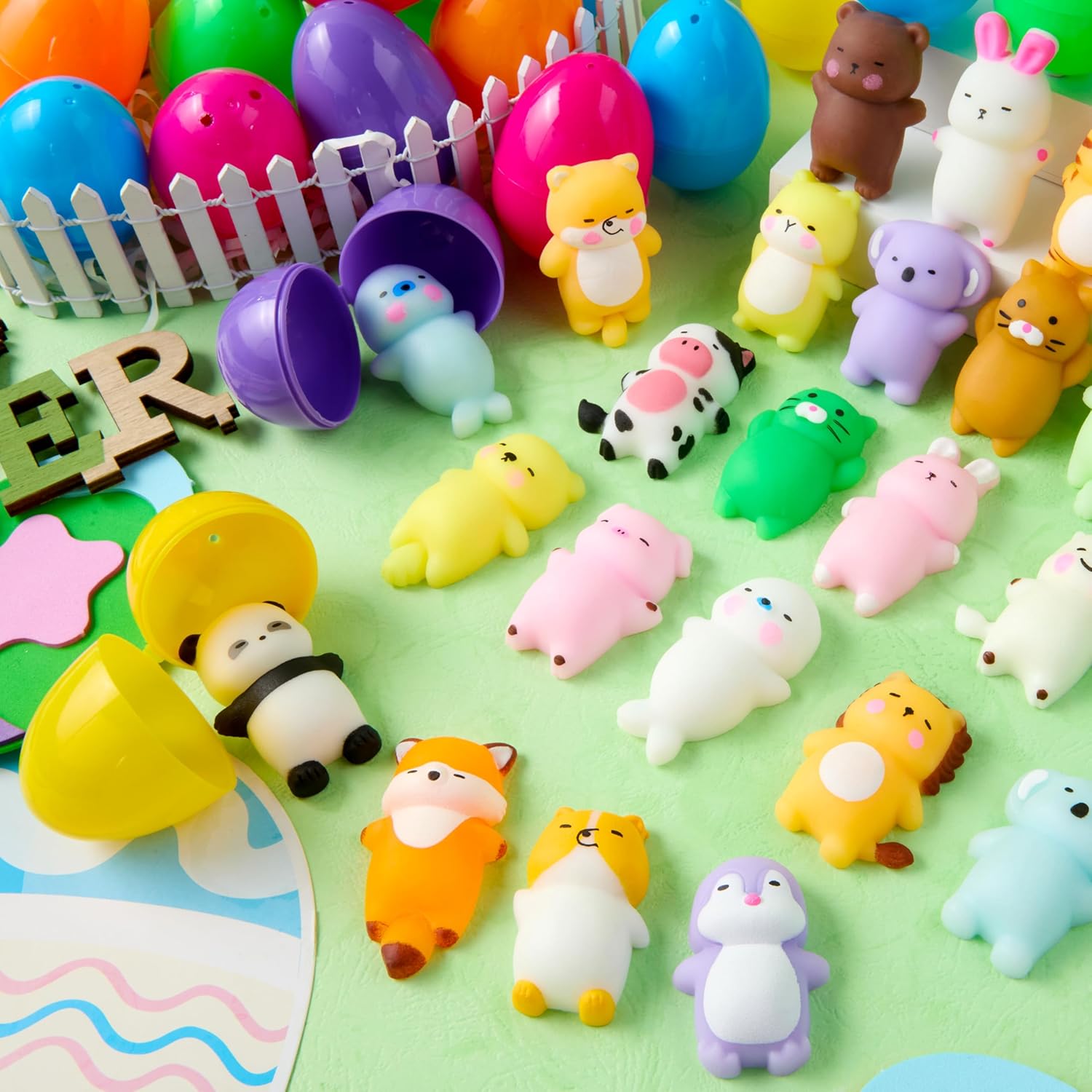 JOYIN 24 Pcs Easter Prefilled Eggs with Mochi Squishy Toys, Lovely Animal Stress Reliever Squishy Toy for Easter Theme Egg Hunt, Kids Party Favor, Basket Stuffers Filler, Classroom Prize Supplies - Image 3