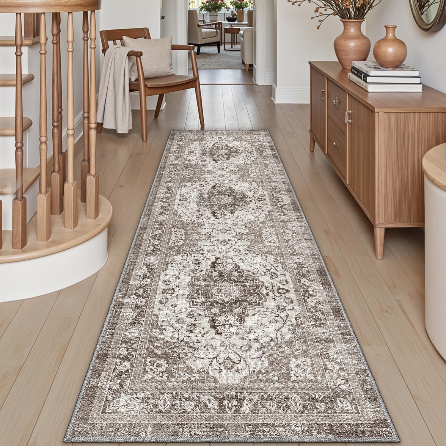 DEXI Hallway Runner Rug 60 x 180 cm, Non-Slip Long Washable Entryway Floor Mats, Absorbent Thin Vintage Carpet Runners for Kitchen, Laundry, Bedside, Brown โ image 1