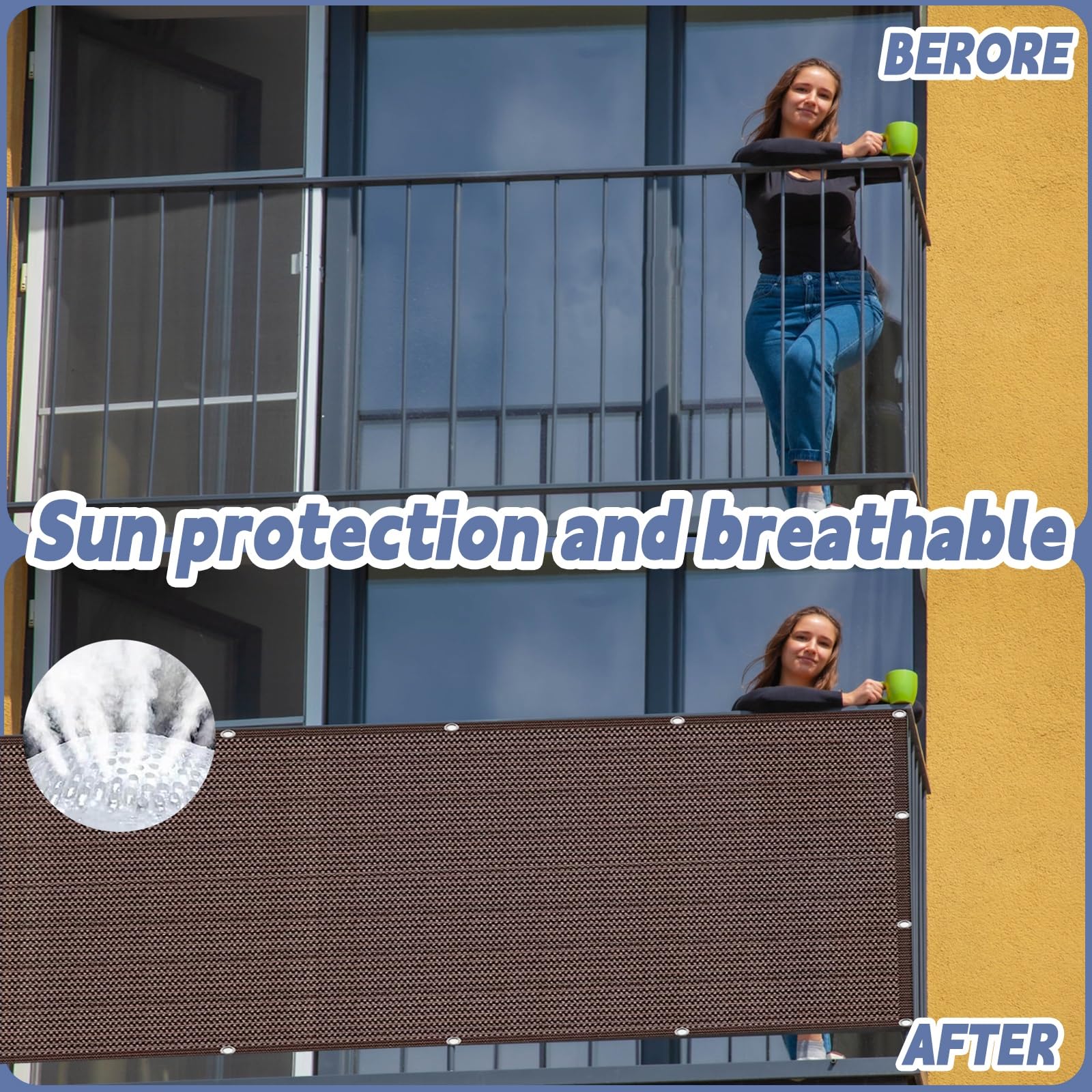 Brise Vue Jardin, Brise Vue 100 x 150 cm Protection UV Opaque Résistant Aux Contre Vent avec Attaches Écran de Confidentialité pour Balcon pour Jardin Extérieur, ‎Marron