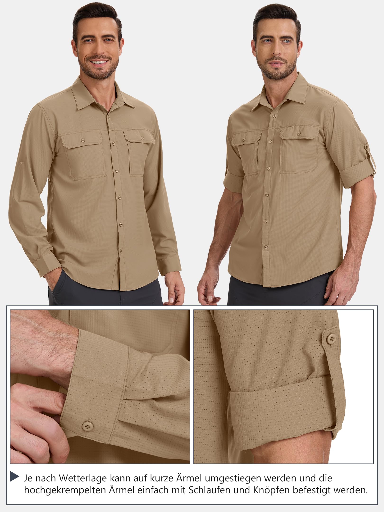 Safari Hemd Herren UPF50+ UV Schutz Outdoorhemd Wanderhemd Herren Funktionshemd Atmungsaktiv Schnelltrocknend Freizeithemd Button-Down-Hemden