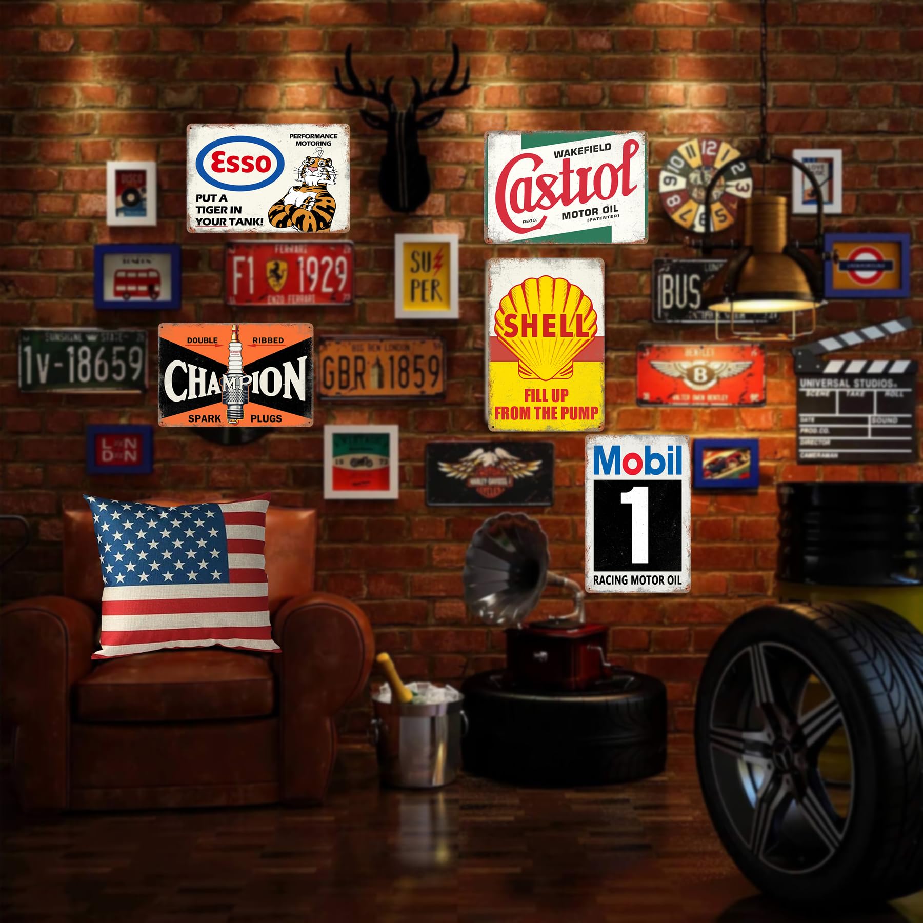 Poster Frame Vintage Metal Tin Signs Set - 5 Pack 8x12 Inch Retro Garage  Decor, Man Cave Wall Art With Old Car \u0026 Gas Themes Old Car Motor Oil Tin ..., image size:1800x1800