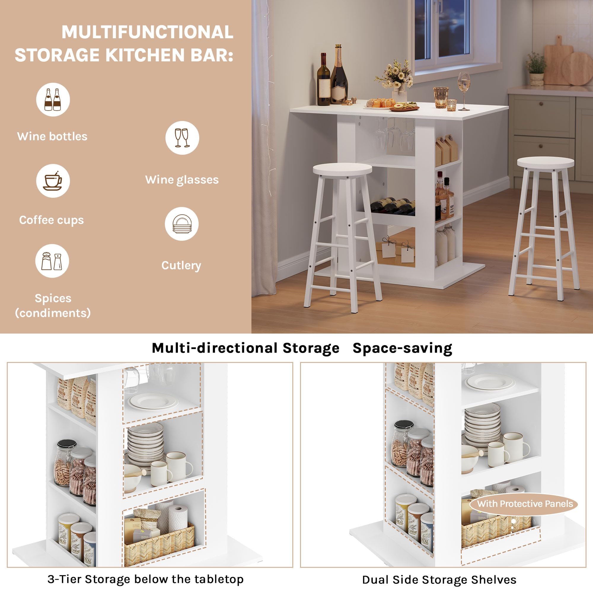 WOLTU Bartisch mit Stauraum, Stehtisch mit 2 Glashaltern, Esstisch für Bar Küche Wohnzimmer, Küchentheke aus Holz, Hochtisch 105x94x68 cm, weiß