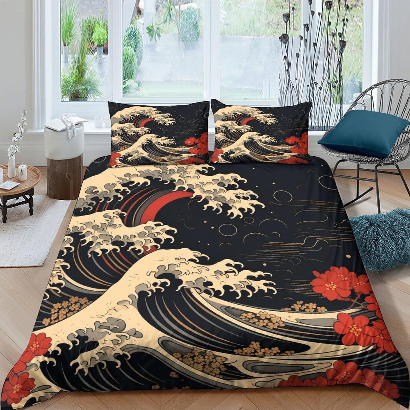GPLZQXKJNH 3D Printed Japanese Wave Duvet Cover Microfiber Soft Breathable Red Maple Bedding Set with 2 Pillowcases for Bedroom Decor Single（135x200cm）