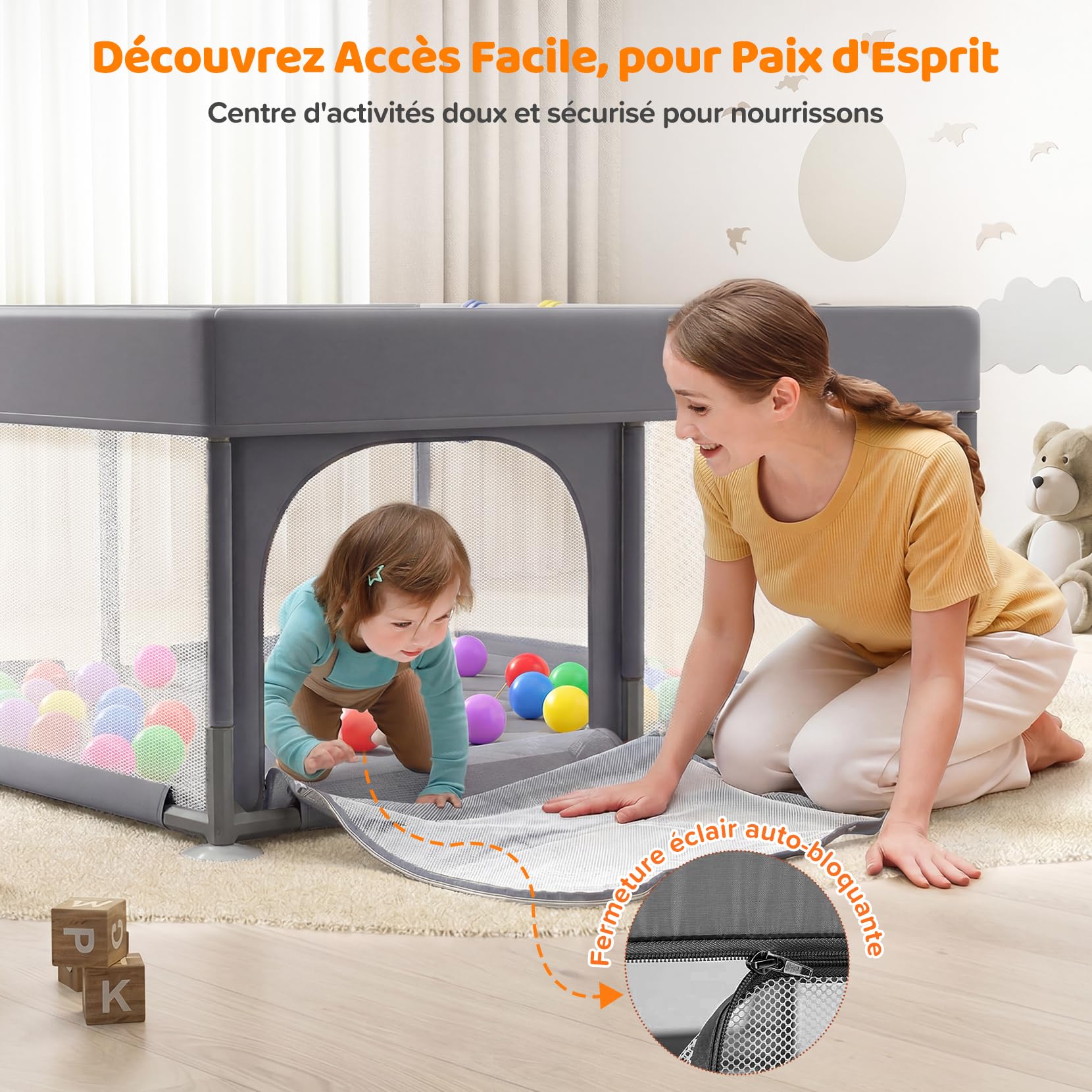 Dripex parc bébé,parc bebe modulable - Small, (grafite) | 124x124cm, avec Tapis Intégré, Piscine à Balles, Parc Enfant Oxford 2100D, 2 Anneaux