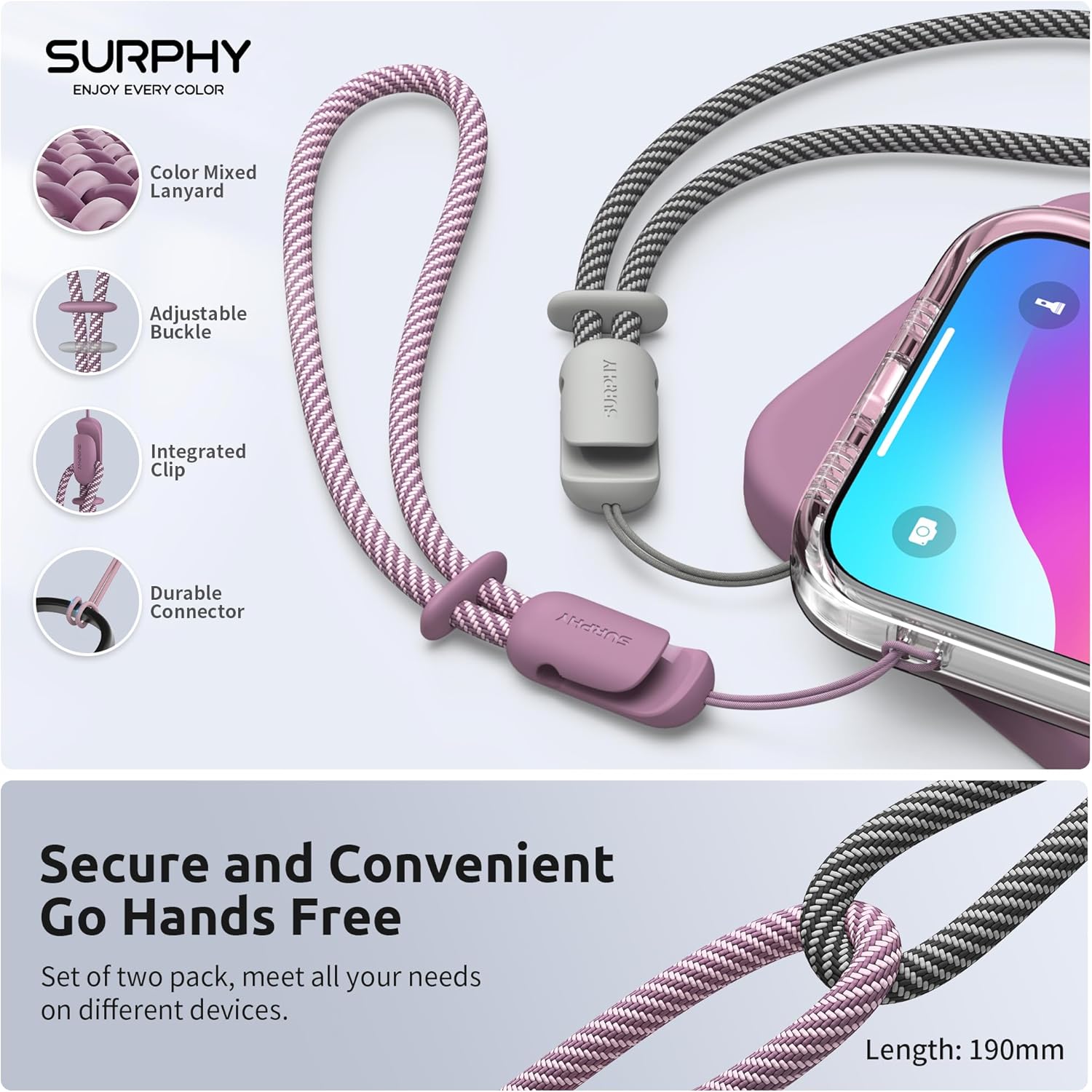 SURPHY Mobile Phone Lanyard, 2 Pieces Adjustable Universal Lanyard, Durable and Anti-Theft Nylon Wrist Strap, Compatible with Portable Fans/Keys/Wallets, 24 cm (Purple Purple & Grey) - 4