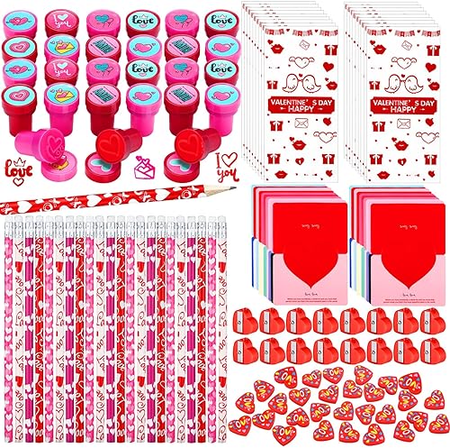 260 piezas de regalos para el día de San Valentín para niños en el aula con lápiz, sellos, borradores, bolsas, calcomanías, tarjetas y sacapuntas de