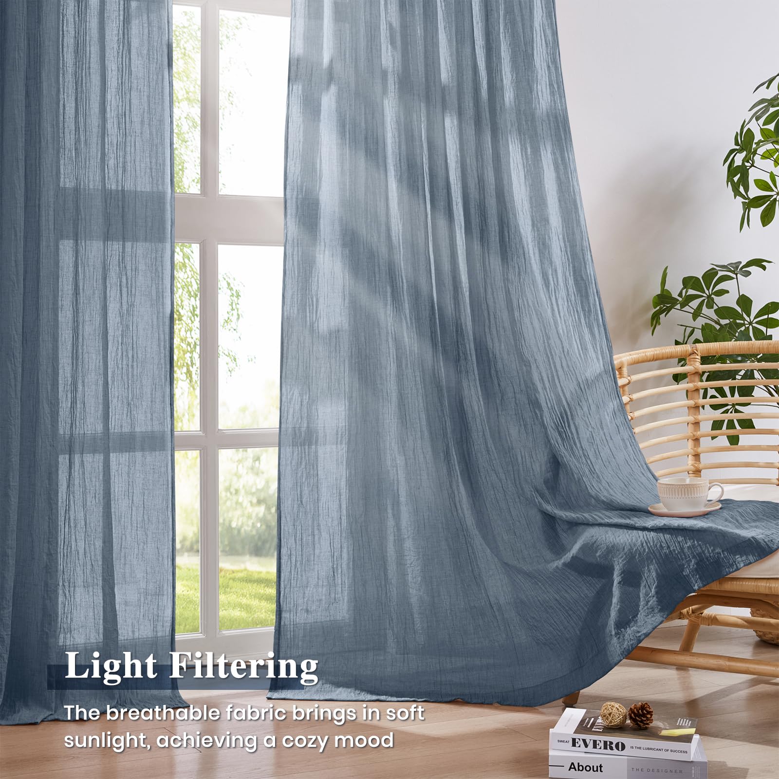 Melodieux Cortinas traslúcidas de algodón texturizadas para Cocina, pestañas traseras y pellizco, Cortinas Plisadas con Ganchos, Cortinas filtrantes de luz con diseño de Arrugas, 2 Paneles, 40 x 63