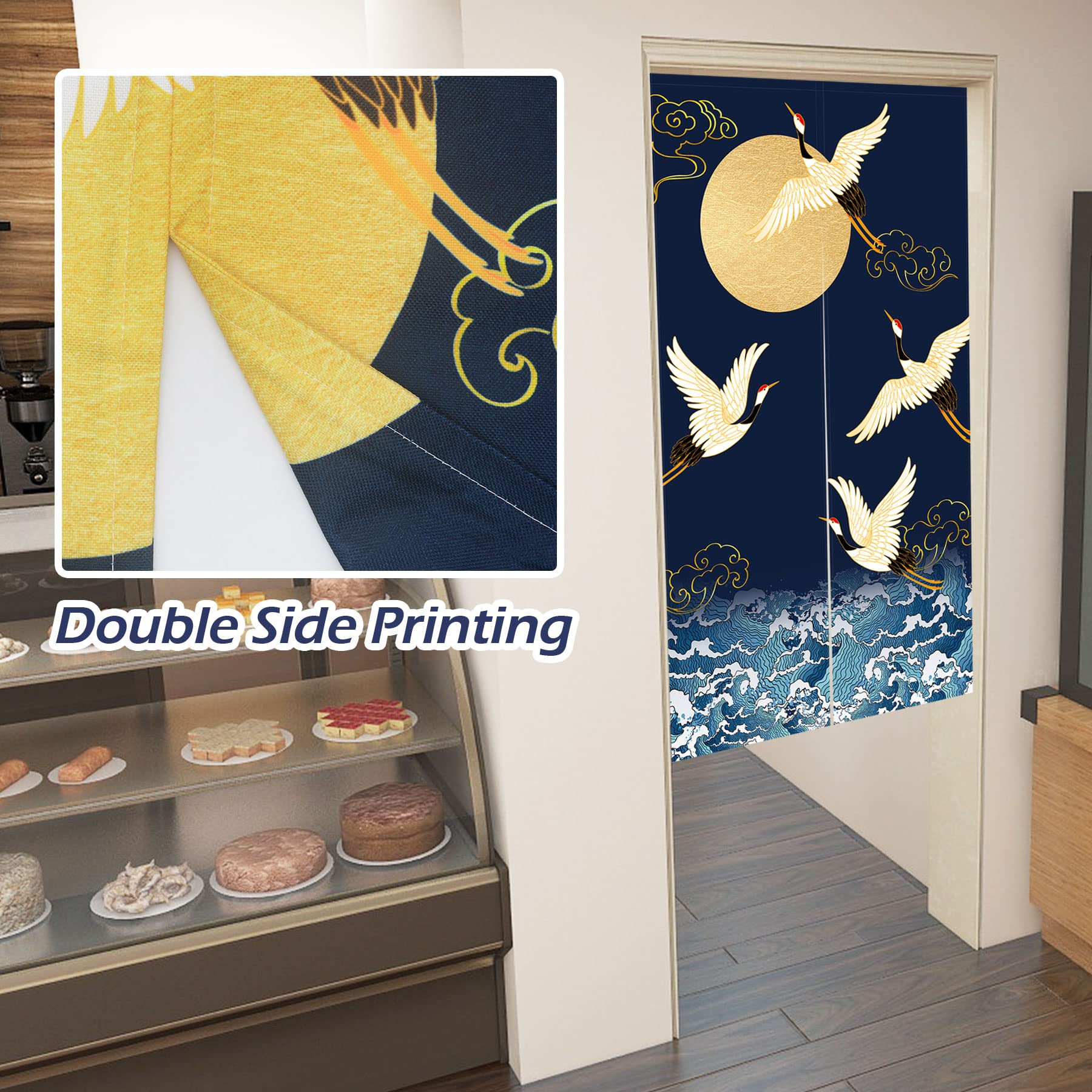 LIGICKY Noren Doorway Curtain Japanese Style Thickened Cranes Waves Gold Full Moon Printed Cotton Linen Window Treatment Door Tapestry for Home Decoration 85 x 120 cm - Image 2