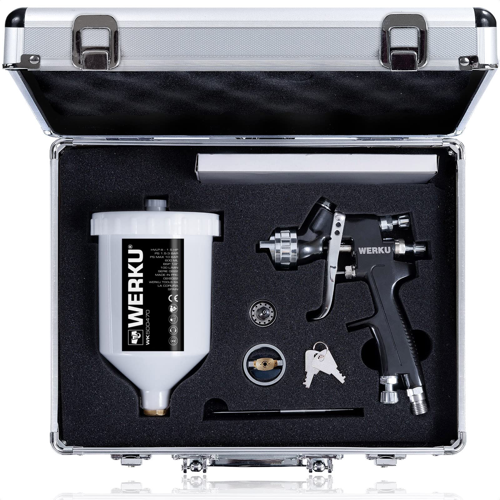 Werku WK500470, Pistola Pintar Gravedad Neumática, Calidad Profesional, Boquillas 1.3-1.5 mm, Depósito 600 ml, Sistema HVLP-III, Especial Barnices, Esmaltes, Viscosidades Bajas/Medias