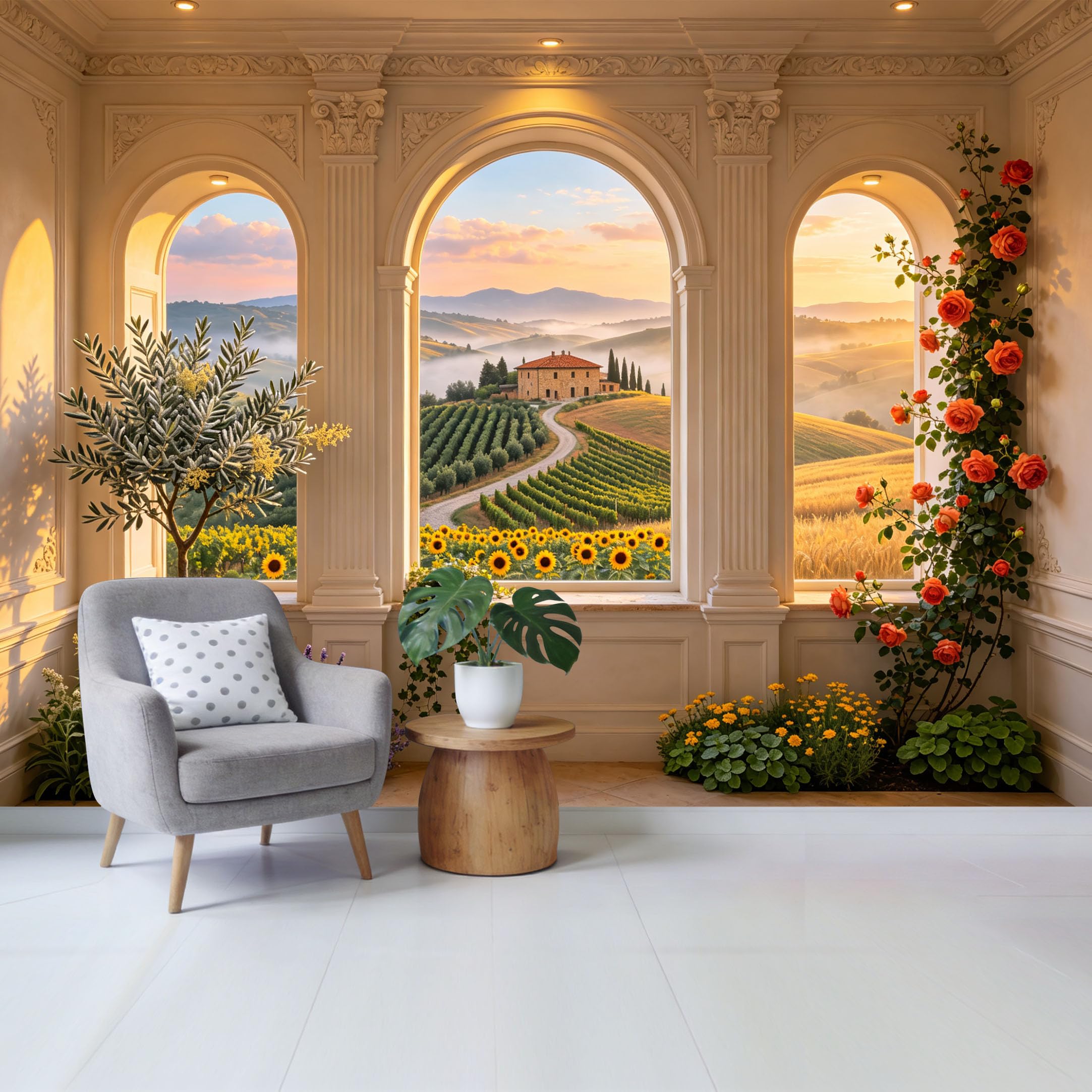 Removable Self Adhesive Fabric Mural， Tuscan Landscape Vineyard Sunflower Custom Size Wall Covering， UV Protected Waterproof Washable Wall Decor for Living Room Bedroom Bathroom