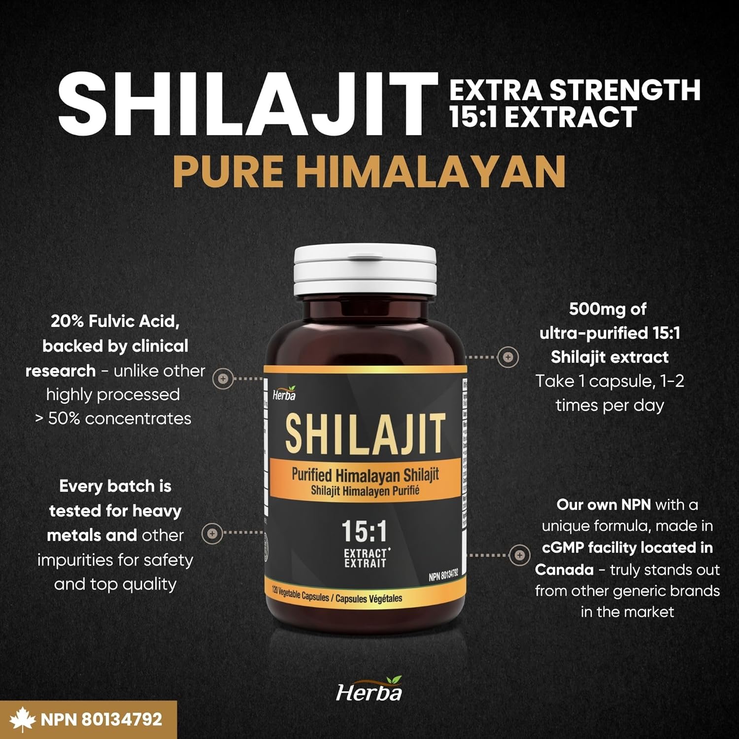 Herba Himalayan Shilajit for Women & Men – 120 Capsules | 15:1 Extract - 15,000mg DHE (7,500mg DHE Each) | 1000mg Serving (500mg Each) | Ultra Pure Shilajit for Men & Women | Fulvic Acid Supplement | Made in Canada - Image 3