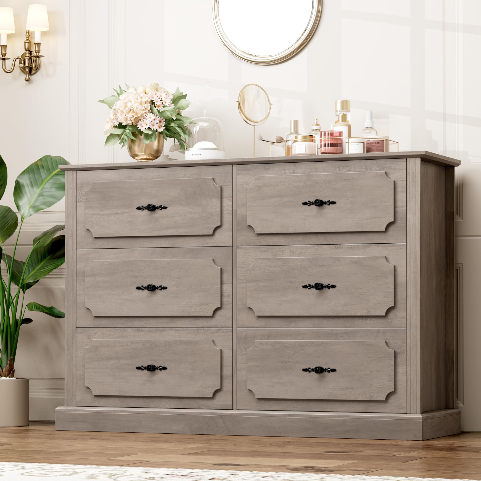 Amazon.com: FINETONES Wood Dresser 6 Drawer, 47.2'' Grey Dresser Farmhouse Dresser  Chest of Drawers with Designed Drawer Surfaces, Grey Dresser with Deeper  Drawer, Ash Grey : Home & Kitchen