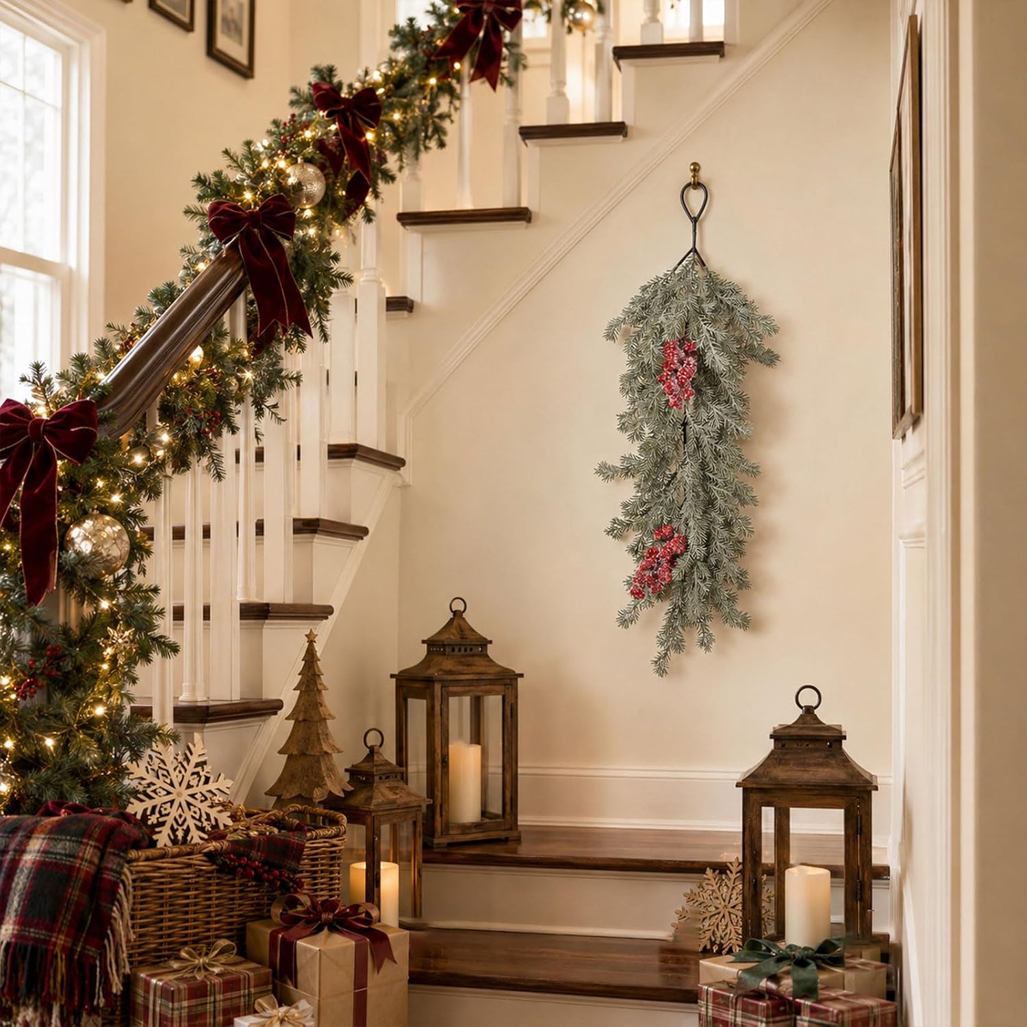 Indoor Christmas Wall Swag with Pine Branches, 2pcs
