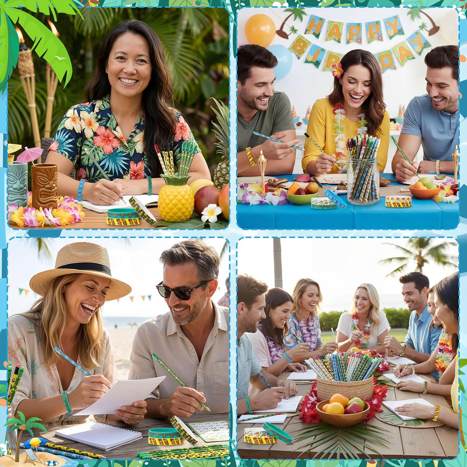 96 Pcs Luau Themed Birthday Party Favors Set Hawaiian Pencils and Rubber Bracelets Bulk Summer Novelty Wooden Pencils with Eraser Rubber Wristbands Tropical Party Supplies Decorations
