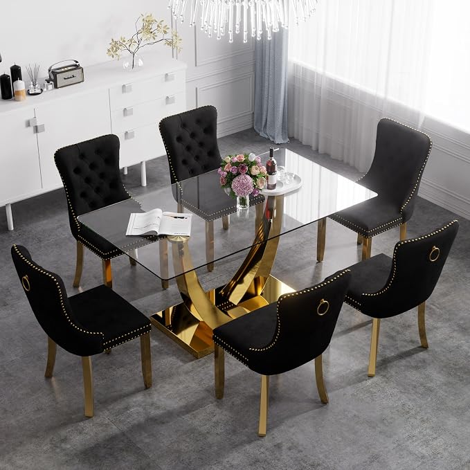5-Piece Golden Glass Dining Table Set For 4 - Modern Square Kitchen Table With Ivory Woven Chairs