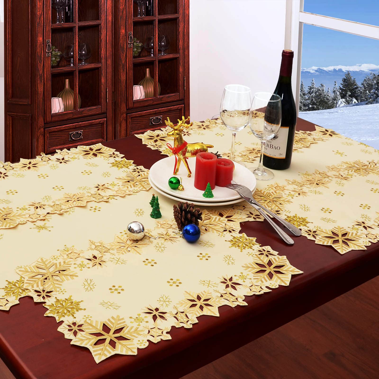 Simhomsen Embroidered Snowflakes Table Placemats for Christmas Holiday and Winter (Gold, 13×19 inches Set of 4) - Image 4