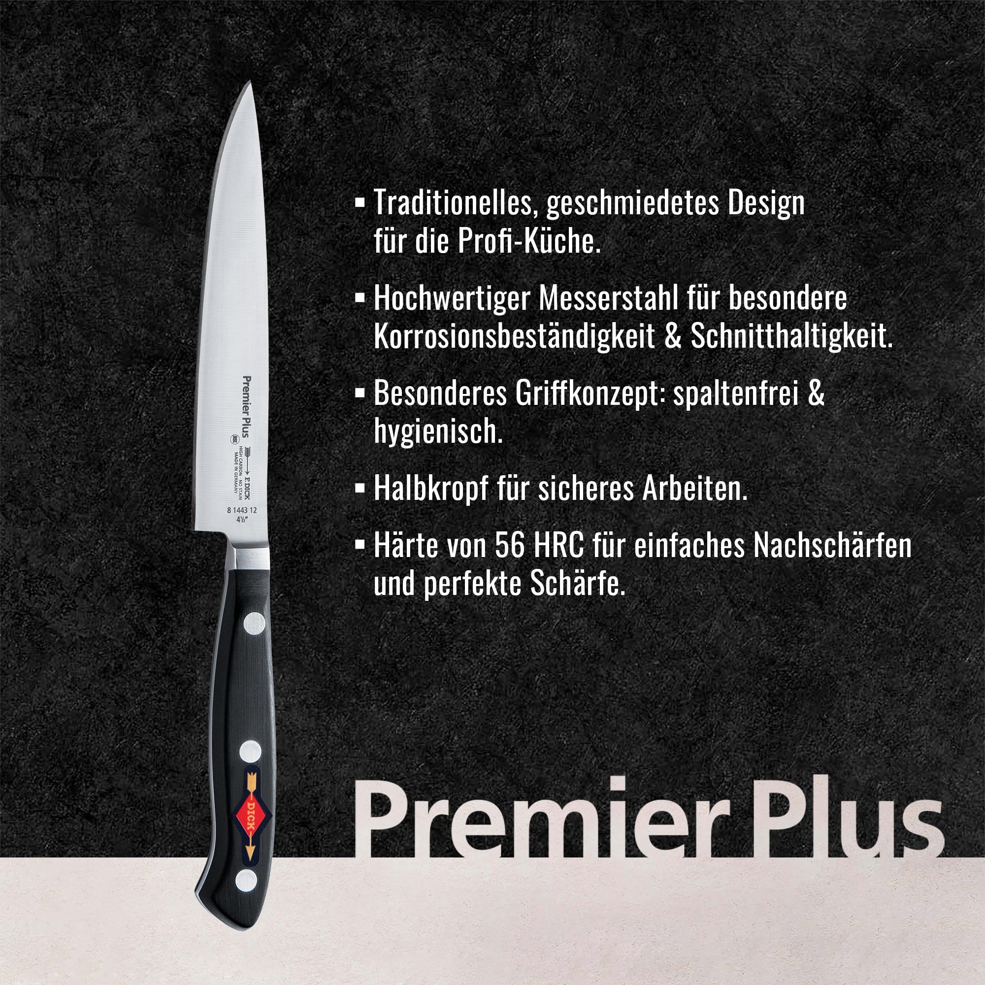 F. DICK Officemesser Premier Plus 12 cm - geschmiedet, rostfrei, Klinge extra scharf, 56 HRC, Griff ergonomisch, hygienisch - Spezialstahl Küchenmesser - Profi Messer Made in Germany - 81443122