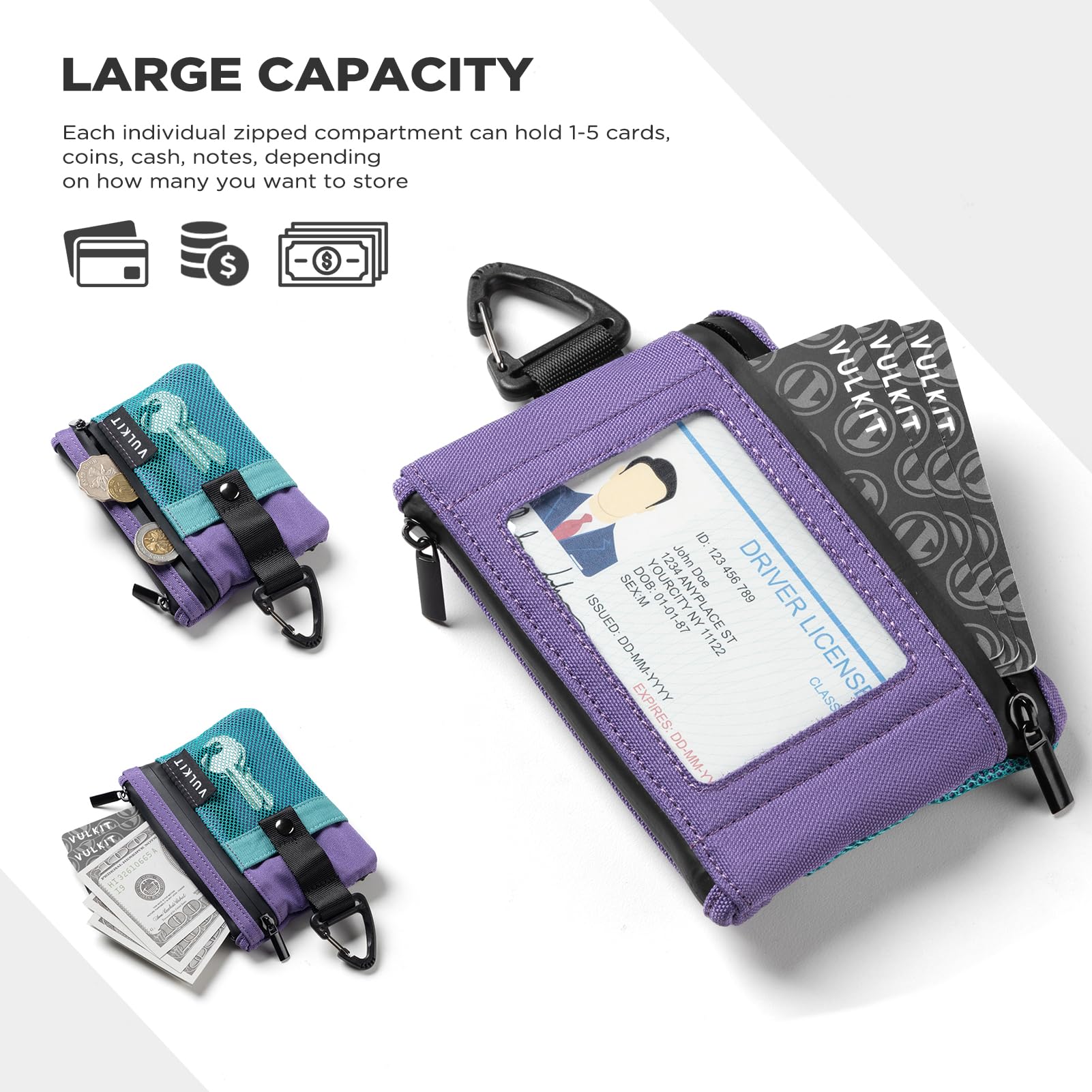 VULKIT Cartera pequeña Minimalista con Ventana de identificación, Tarjetero con Bloqueo RFID Cartera Resistente al Agua con Cremallera para Tarjetas de identificación (Verde Aaua-Morado)