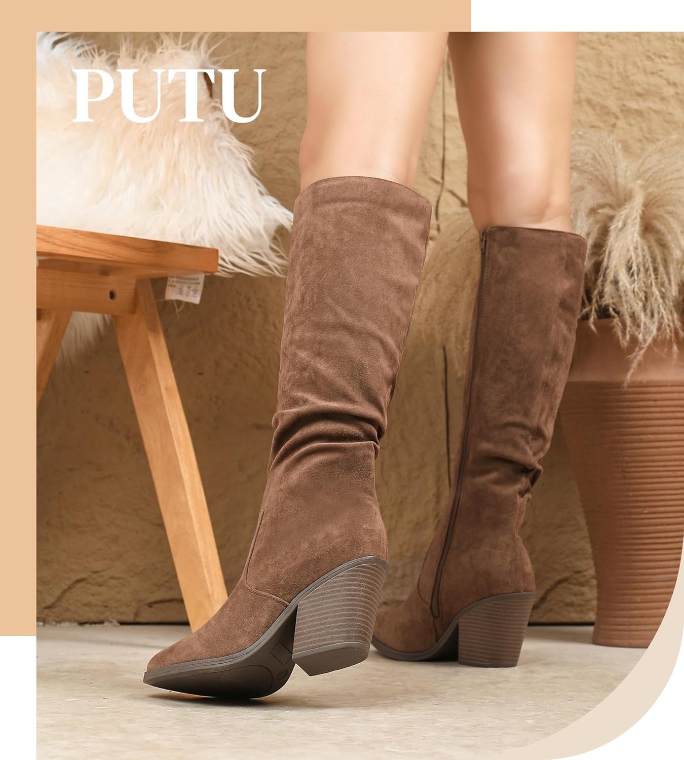 Putu Women's Pointed Toe Knee High Boots Faux Suede Stacked Chunky Heel Boots Side Zipper Slouchy High Boots - Image 5