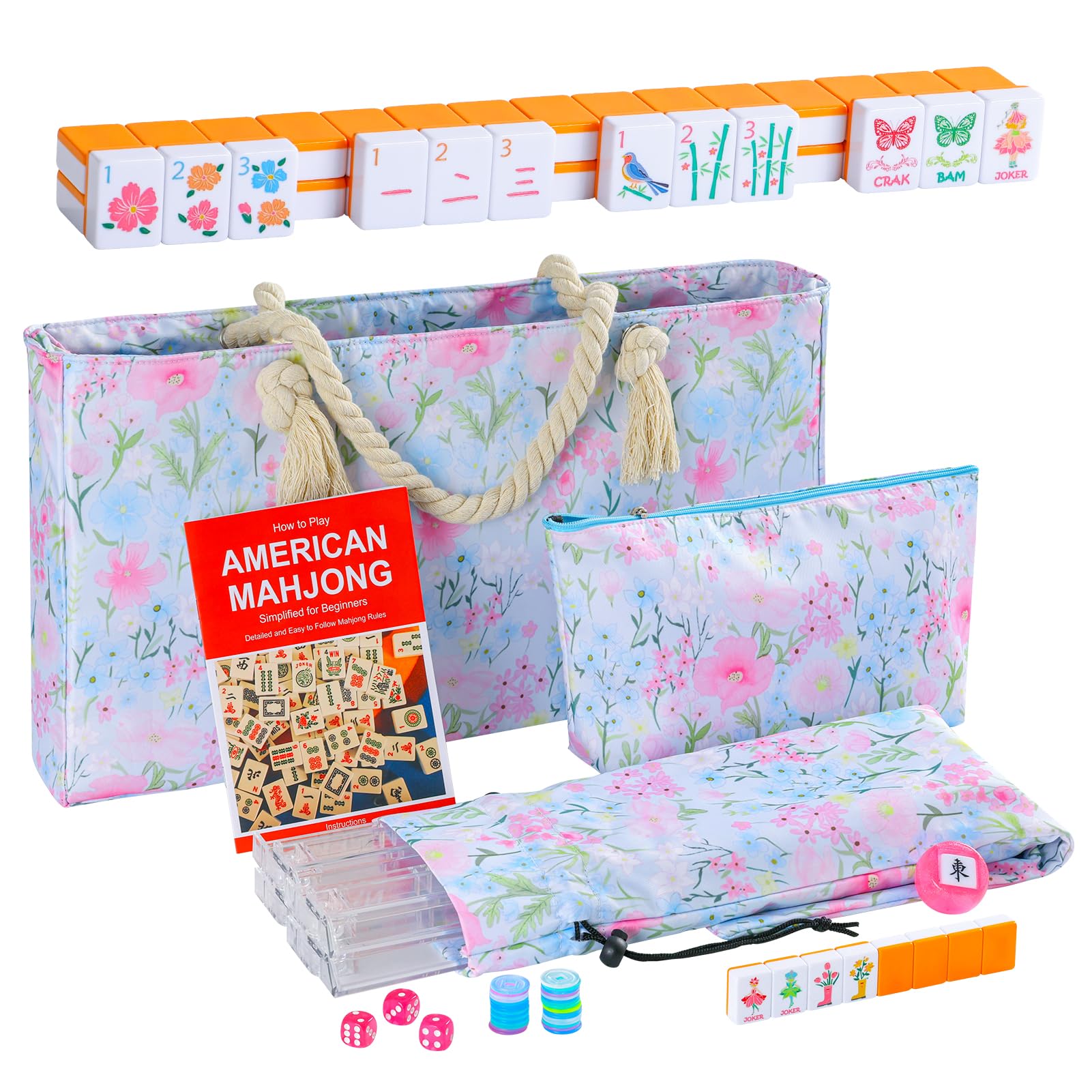 2026 American Mahjong Set Complete with Blue Carrying Bag, 160 Orange Mahjong Tiles, 4 All-in-One Transparent Mahjong Racks with Pushers, Majiang Tile Set