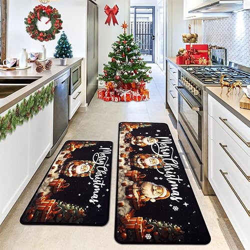 Juego de 2 alfombras de cocina con texto en inglés Merry Christmas, bonito Papá Noel y regalo de Navidad, tapete antideslizante lavable para el