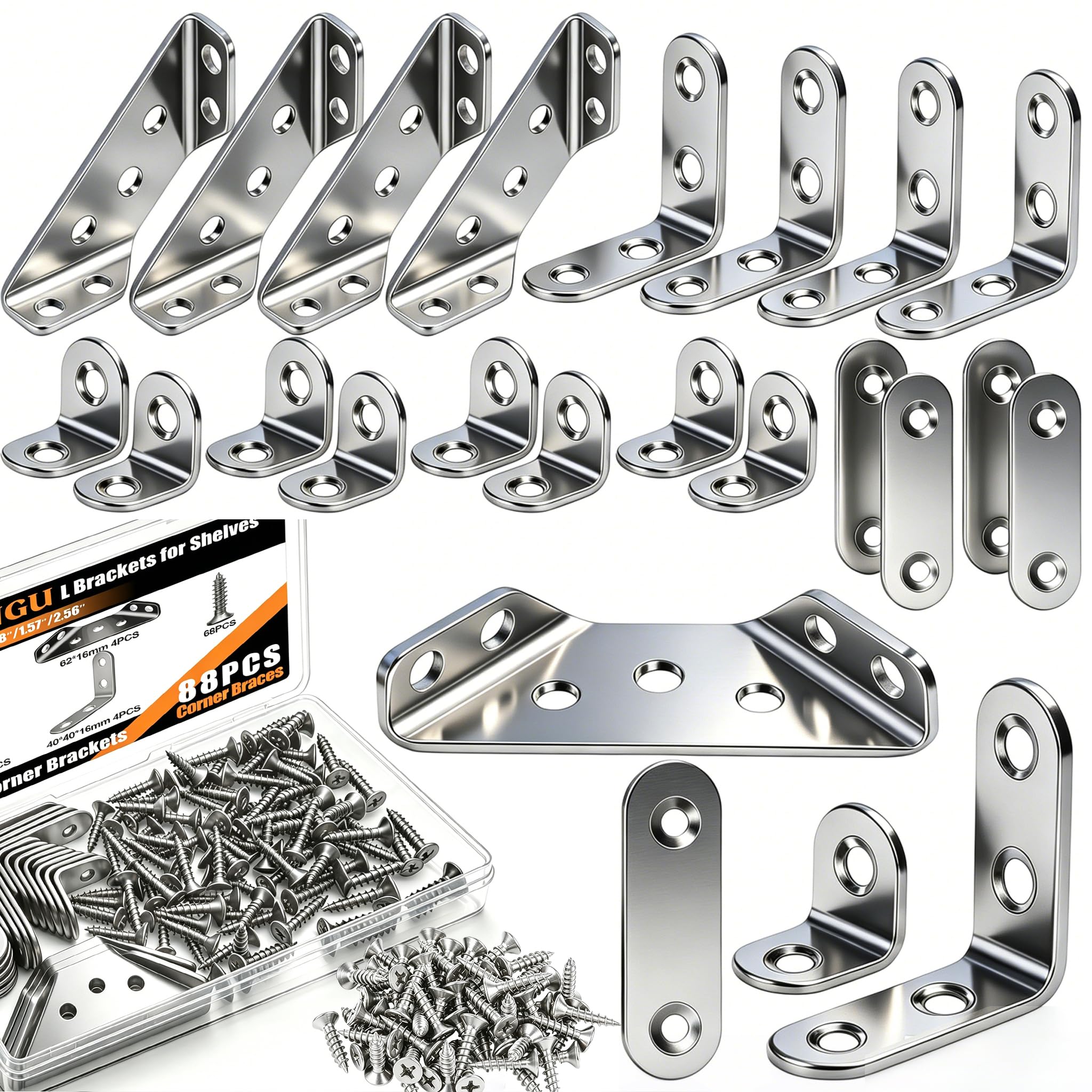 88PCS Stainless Steel Corner Brackets,4 Sizes L Brackets for Wood,0.97" 1.55" 2.44" Corner Brackets for Wood Furniture, Shelves,Table,Cabinet and Chairs
