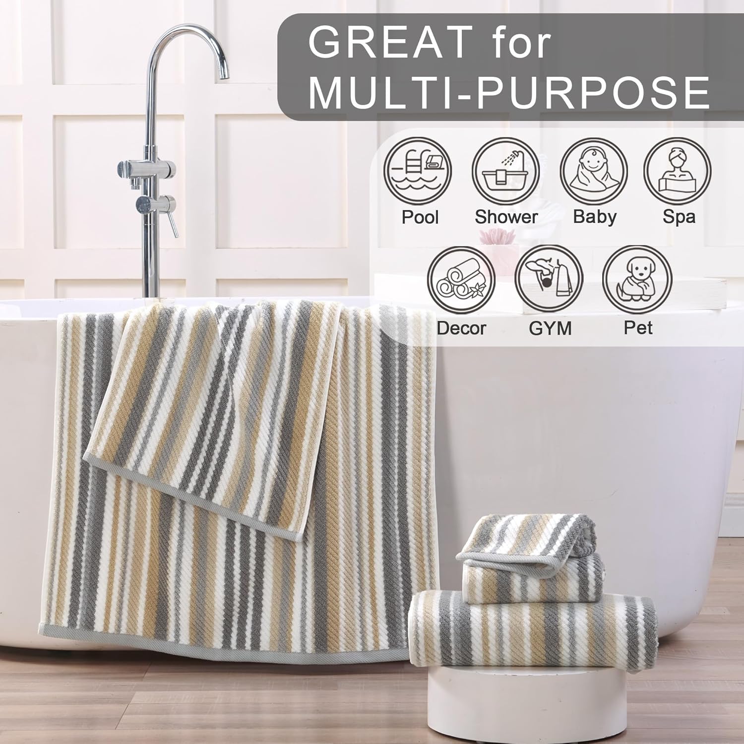 VOOVA & MOVAS Cotton Washcloths Set of 6, 6PC Striped Wash Cloths - 100% Cotton & Quick Dry - Lightweight Washcloth 13"x13", Soft Wash Cloths Set for Guest, Luxury Towel Gift, Gray + Beige - Image 3